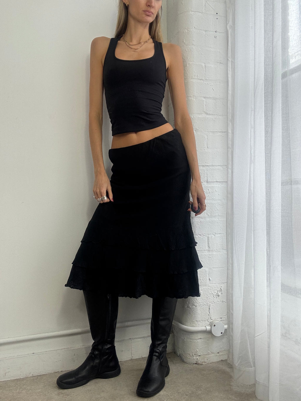 Vintage Y2K black cotton ruffle midi skirt embroidered
