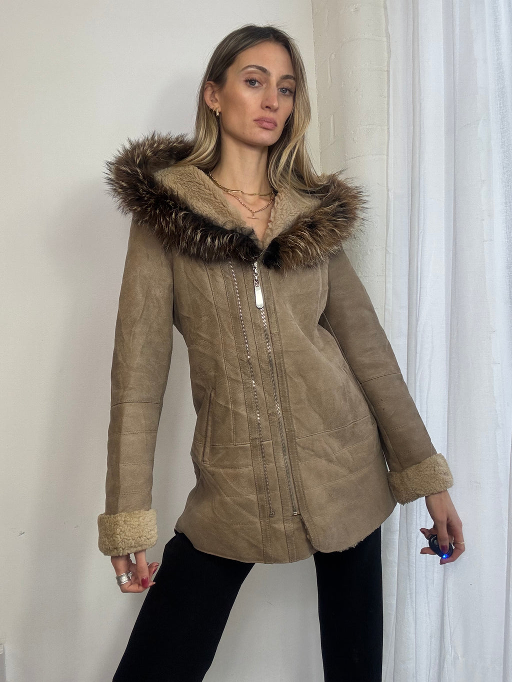 Vintage Y2K brown suede zip up hooded coat fur trim