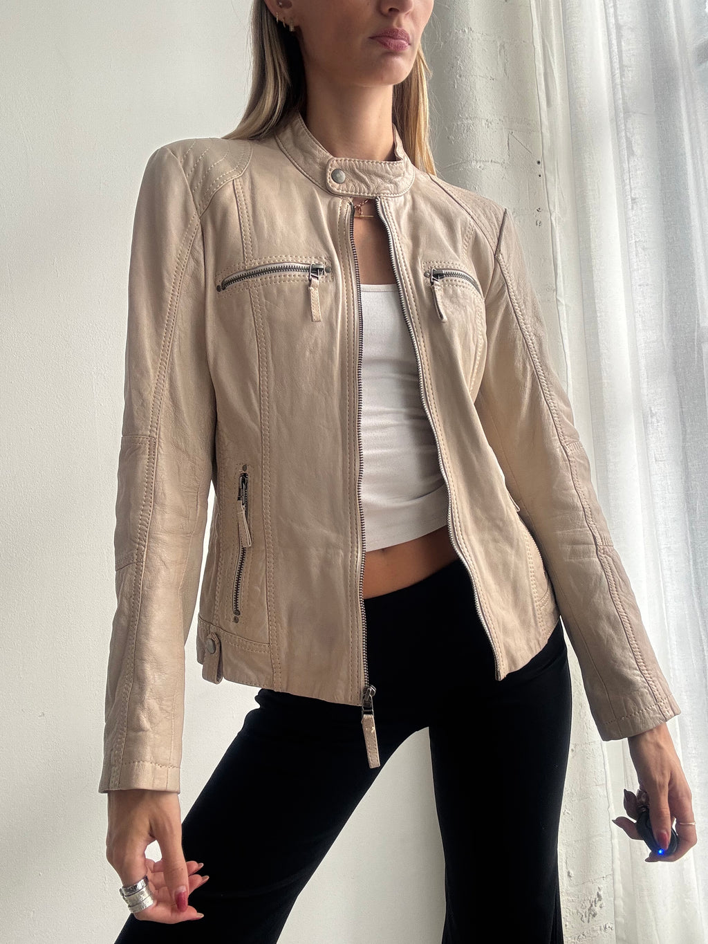 Vintage Y2K Beige Leather Biker Jacket - Size M