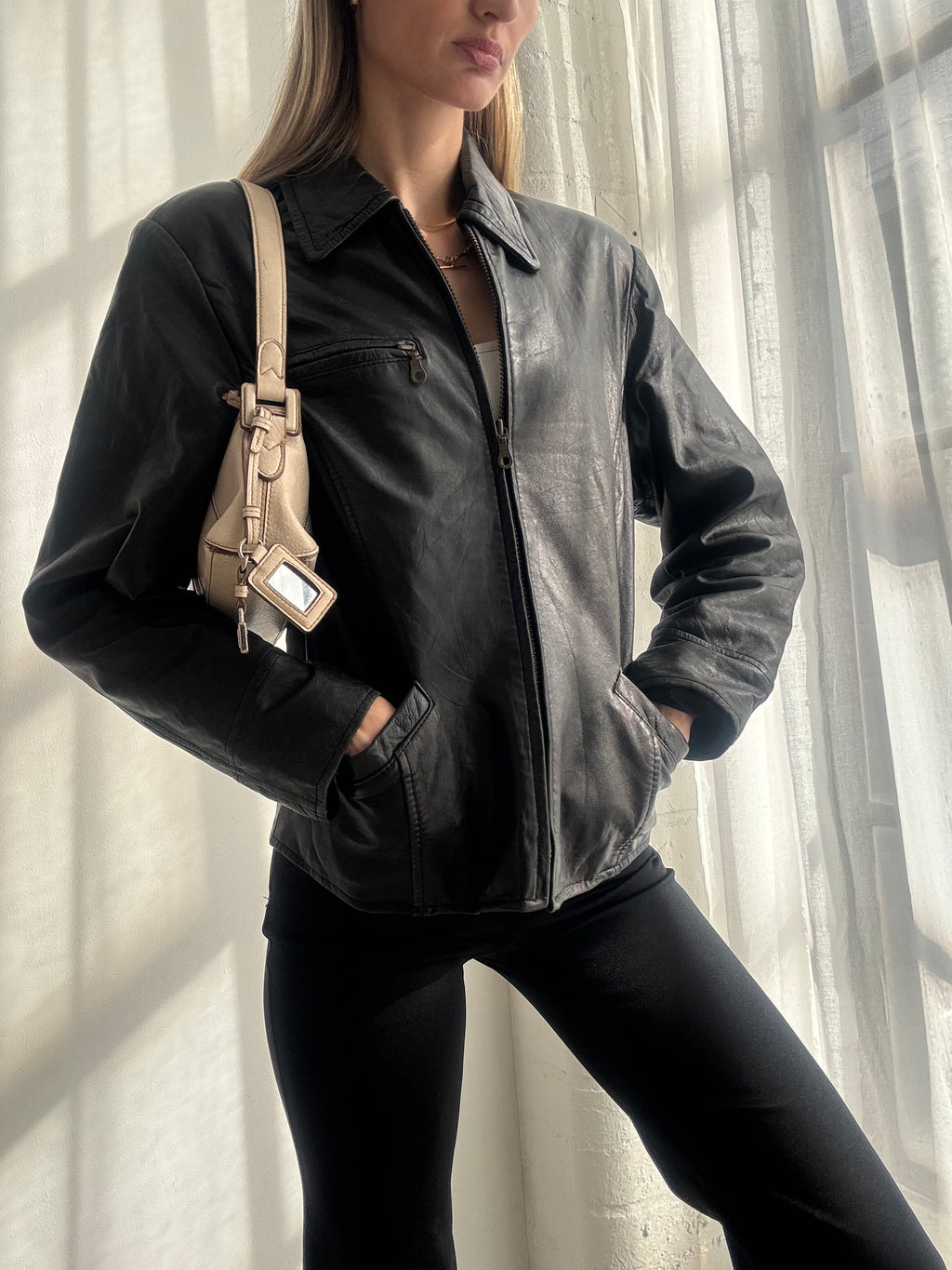 Vintage Y2K Black Leather Zip Up Jacket - Size L
