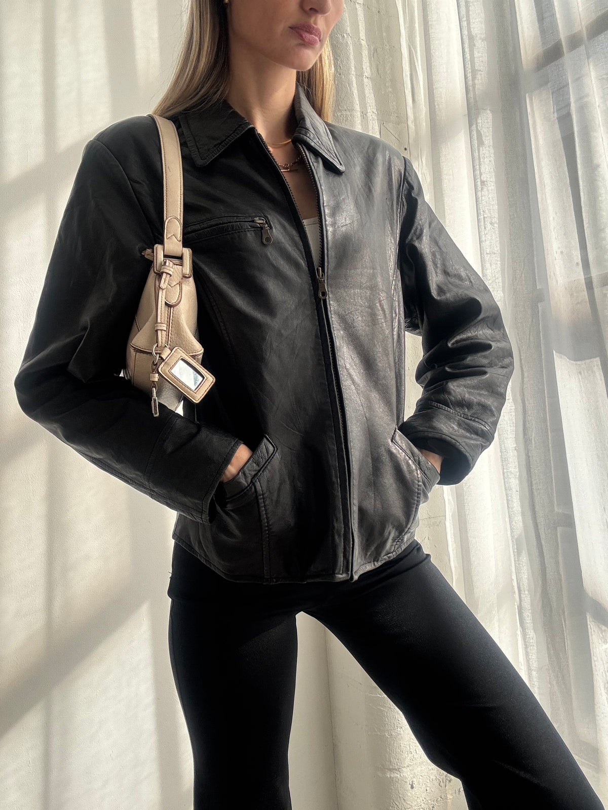 Vintage Y2K Black Leather Zip Up Jacket - Size L
