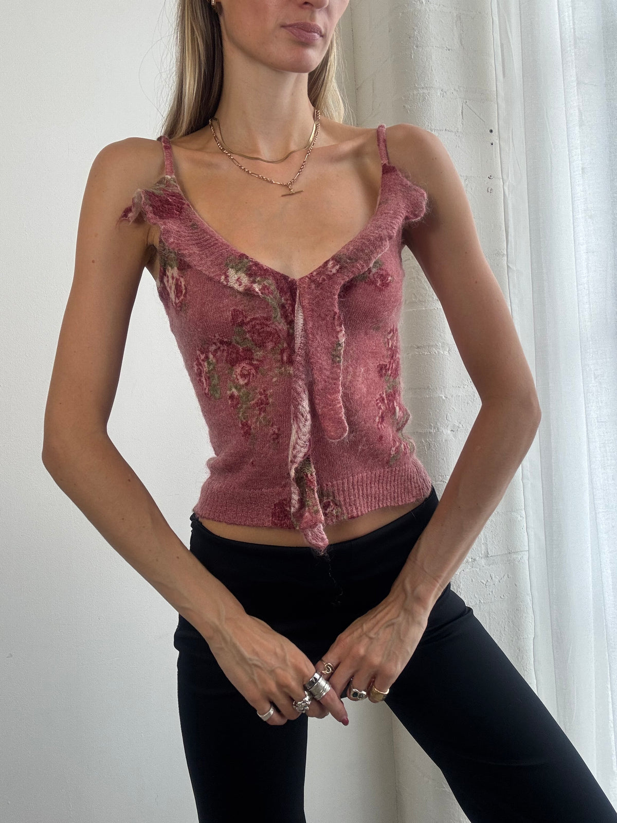 Vintage Y2K Dusty Pink Floral Knit Cami Top - Size XS-S