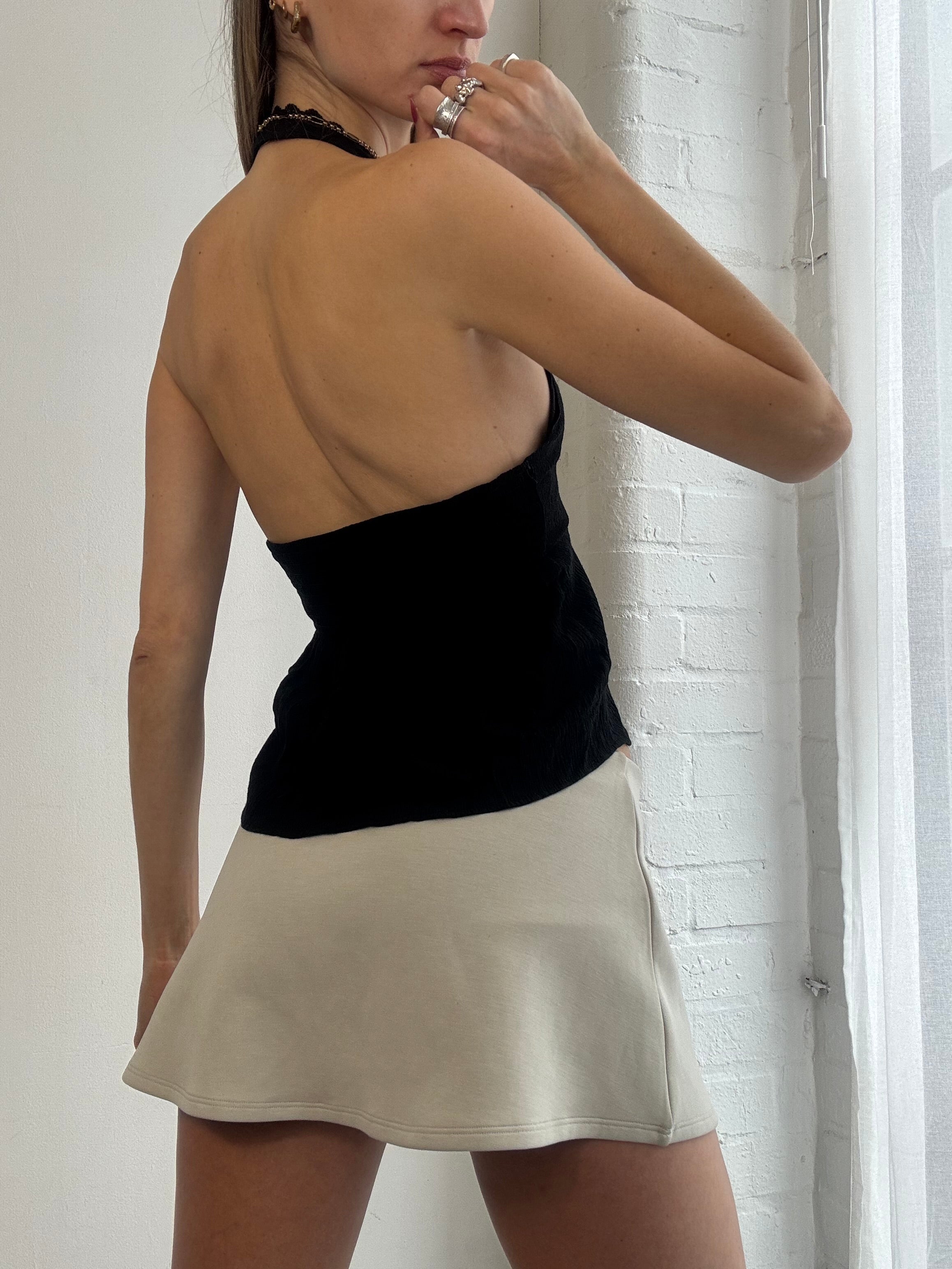 Vintage Y2K black halter neck lace trim top