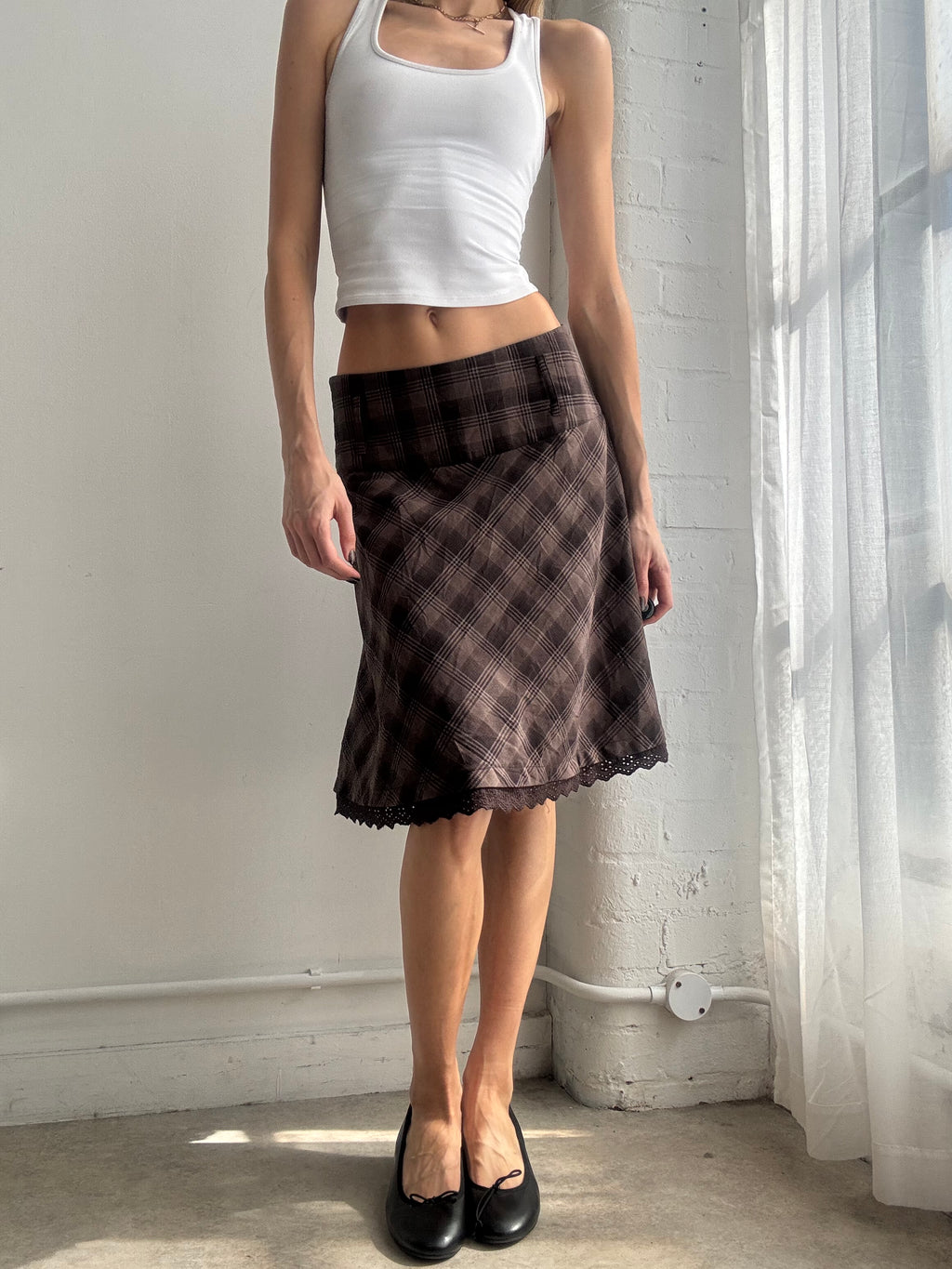 Vintage Y2K brown plaid lace trim midi skirt