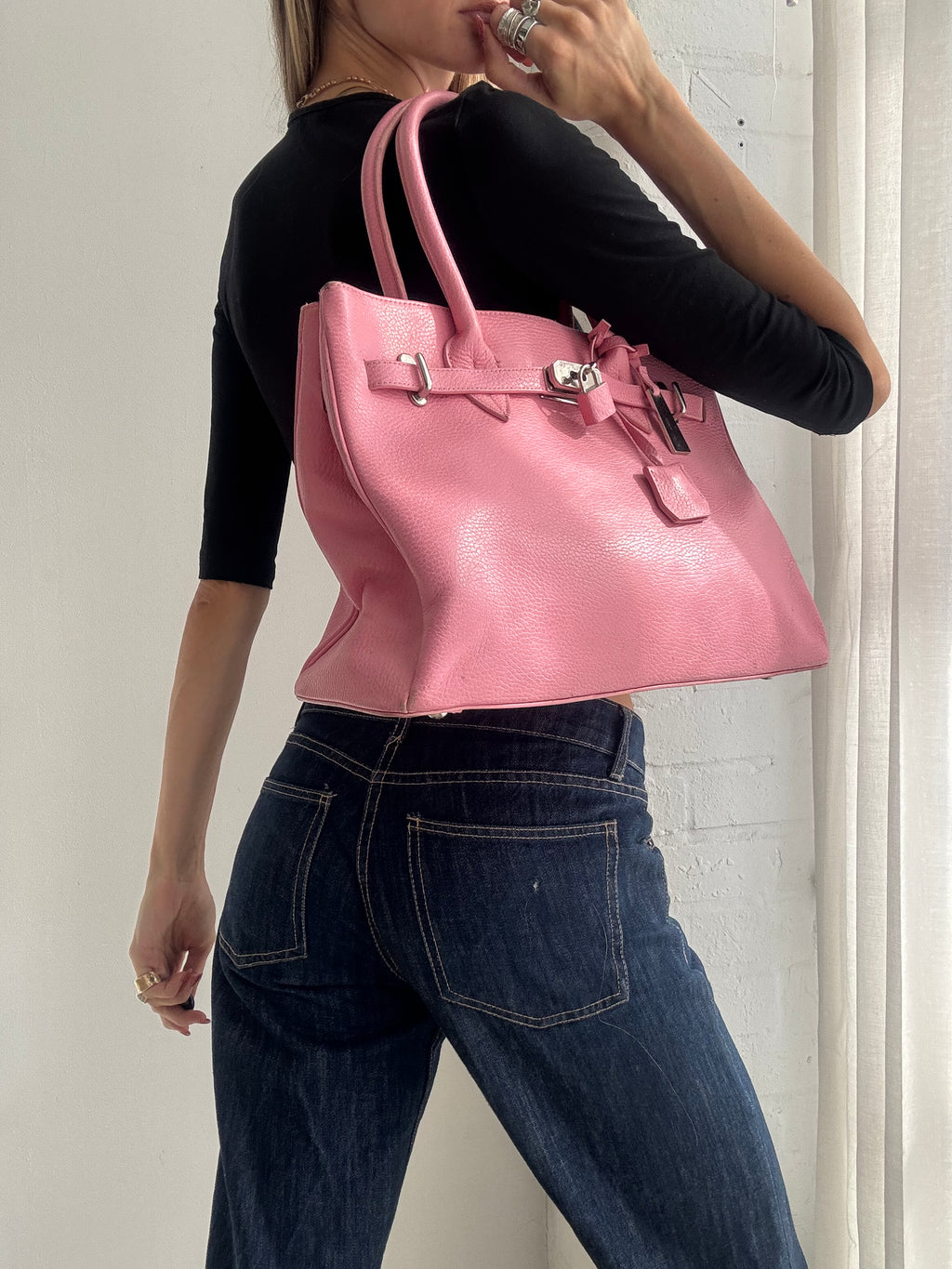 Vintage Y2K Pink Leather Firkin Tote Bag