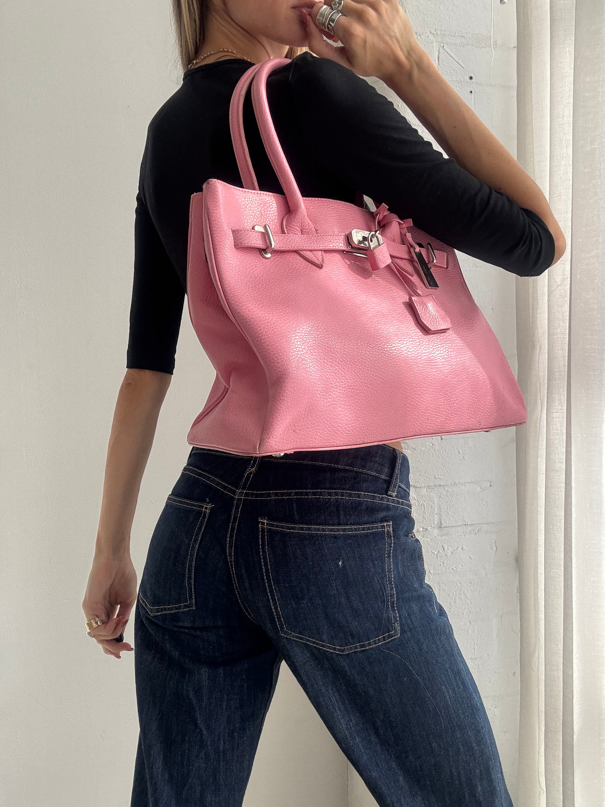 Vintage Y2K Pink Leather Firkin Tote Bag