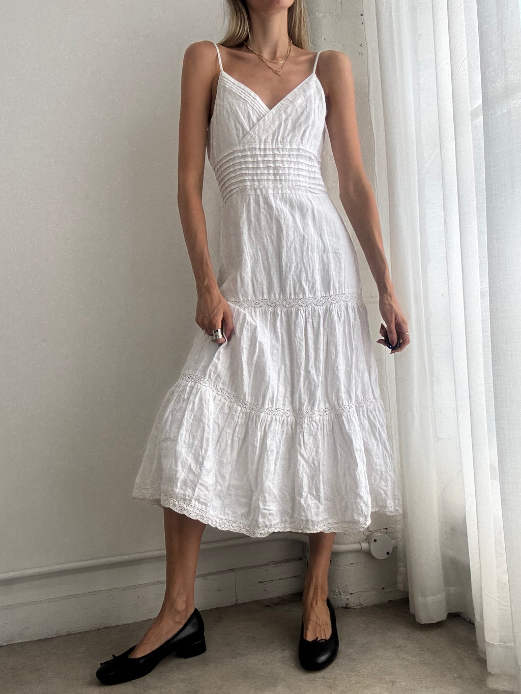 Vintage Y2K White Tiered Cotton Midi Dress - Size S