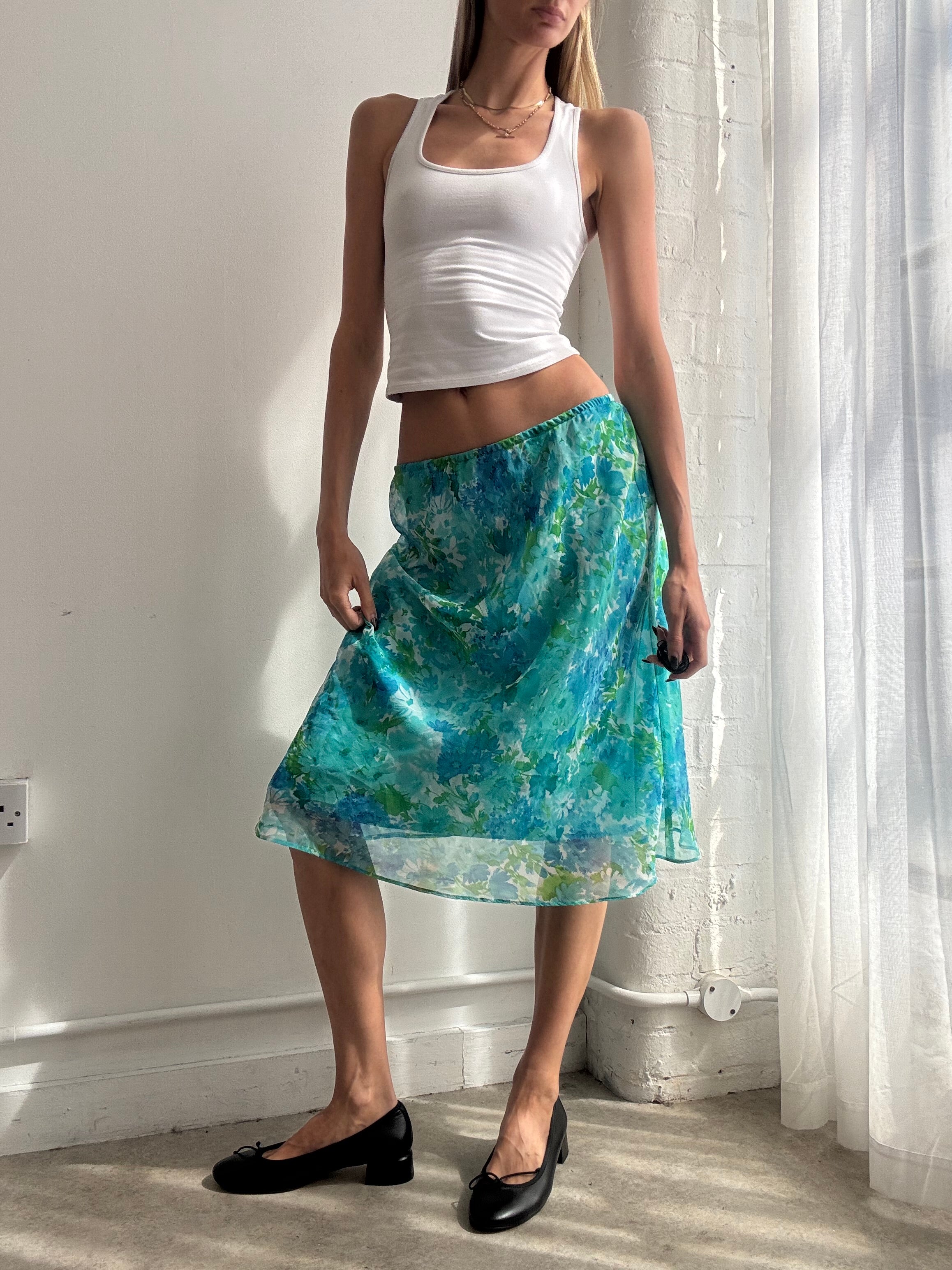 Vintage Y2K blue floral mesh midi skirt - Size S
