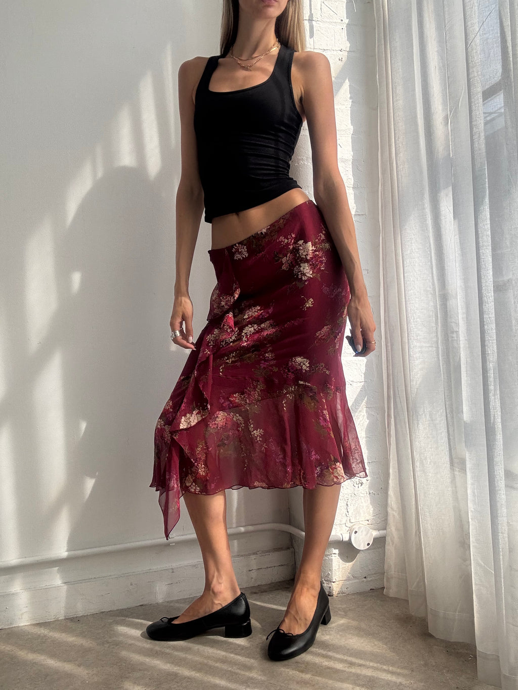 Vintage Y2K Burgundy 100% Silk Floral Asymmetric Midi Skirt - Size S