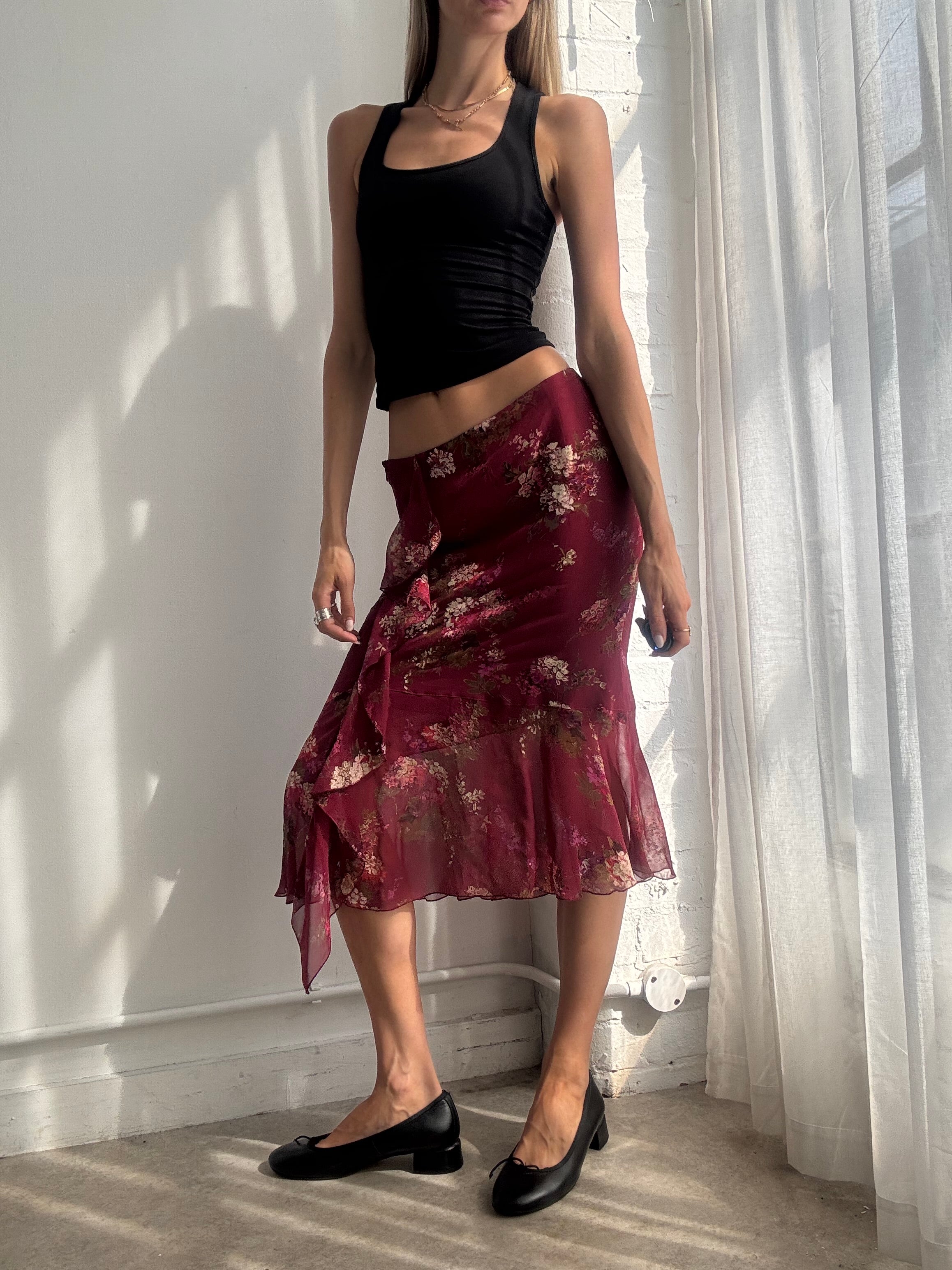 Vintage Y2K Burgundy 100% Silk Floral Asymmetric Midi Skirt - Size S