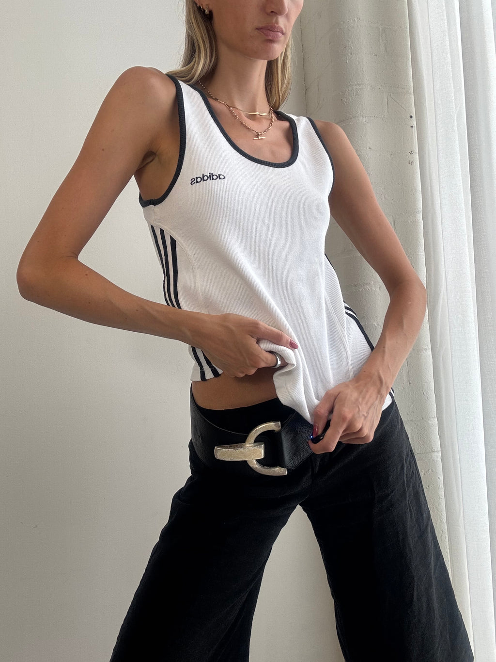 Vintage Adidas Y2K White Three Stripe Tank Top - Size S