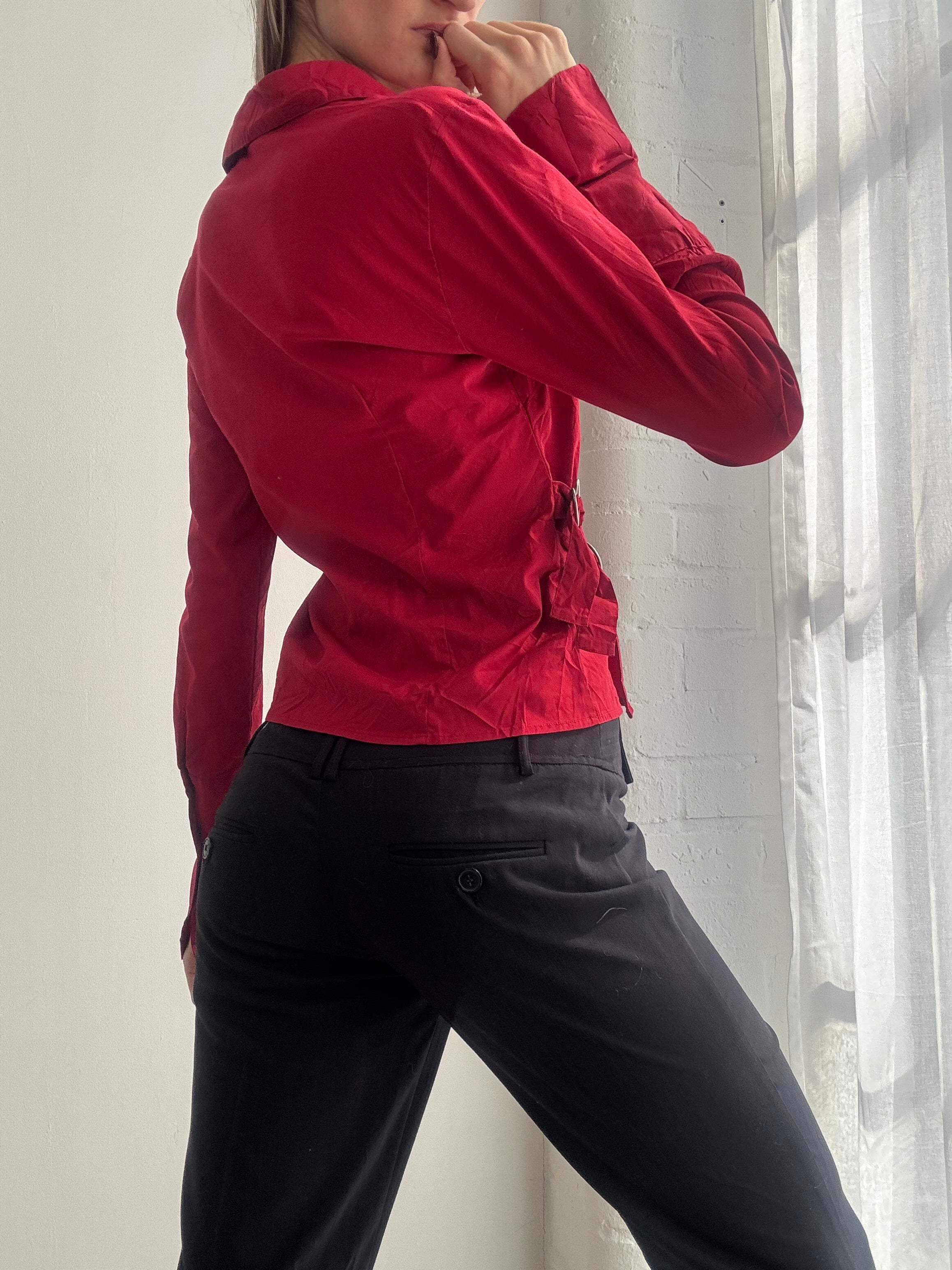 Vintage Y2K red wrap blouse with buckle waist