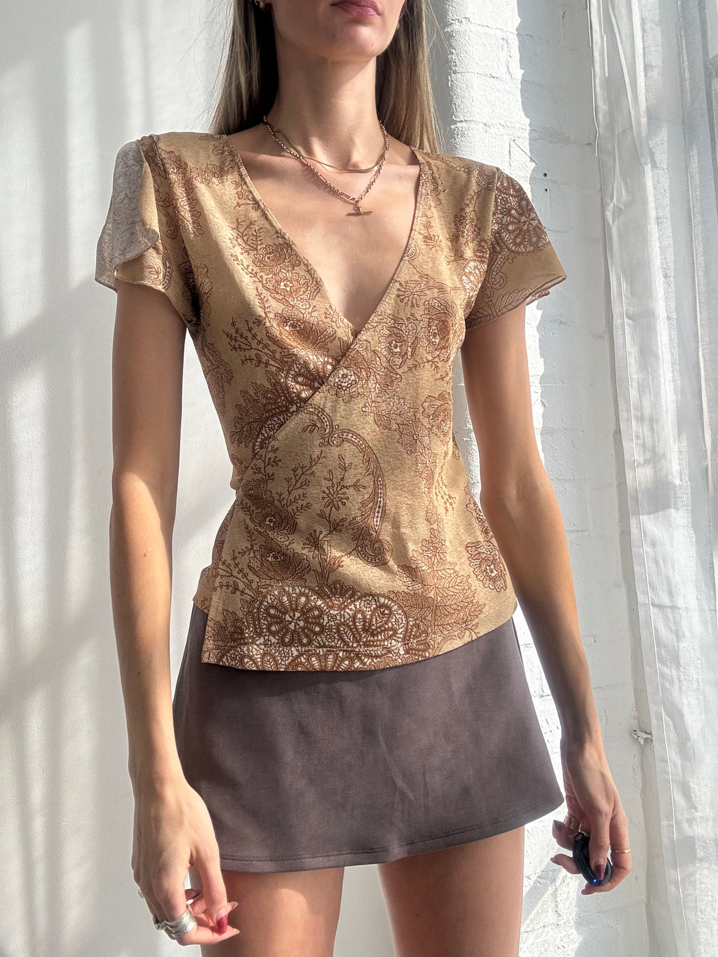 Vintage Y2K brown paisley mesh wrap style top
