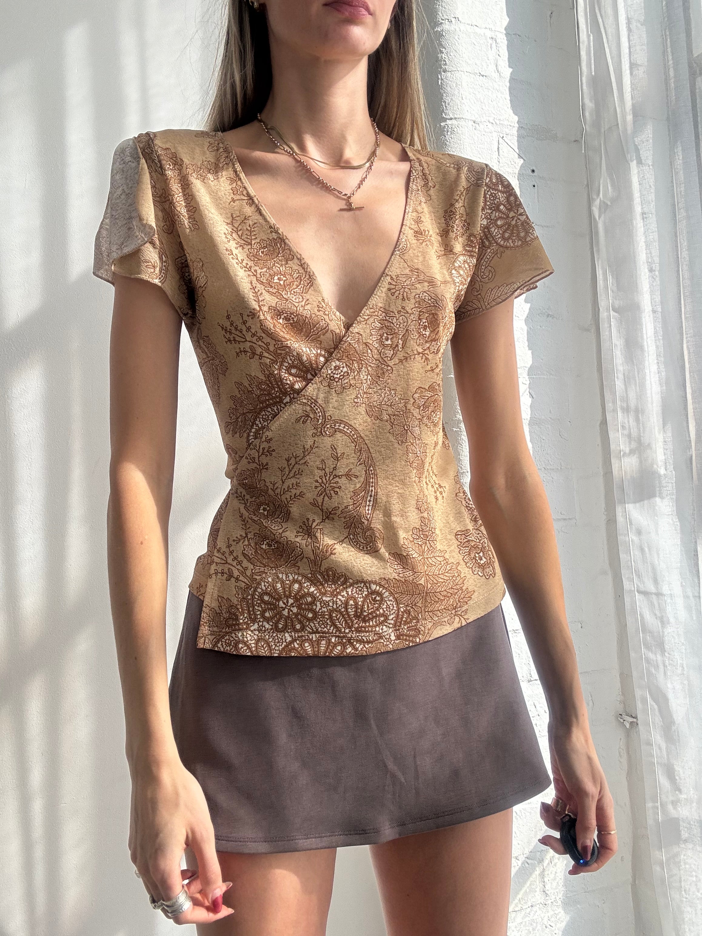 Vintage Y2K brown paisley mesh wrap style top