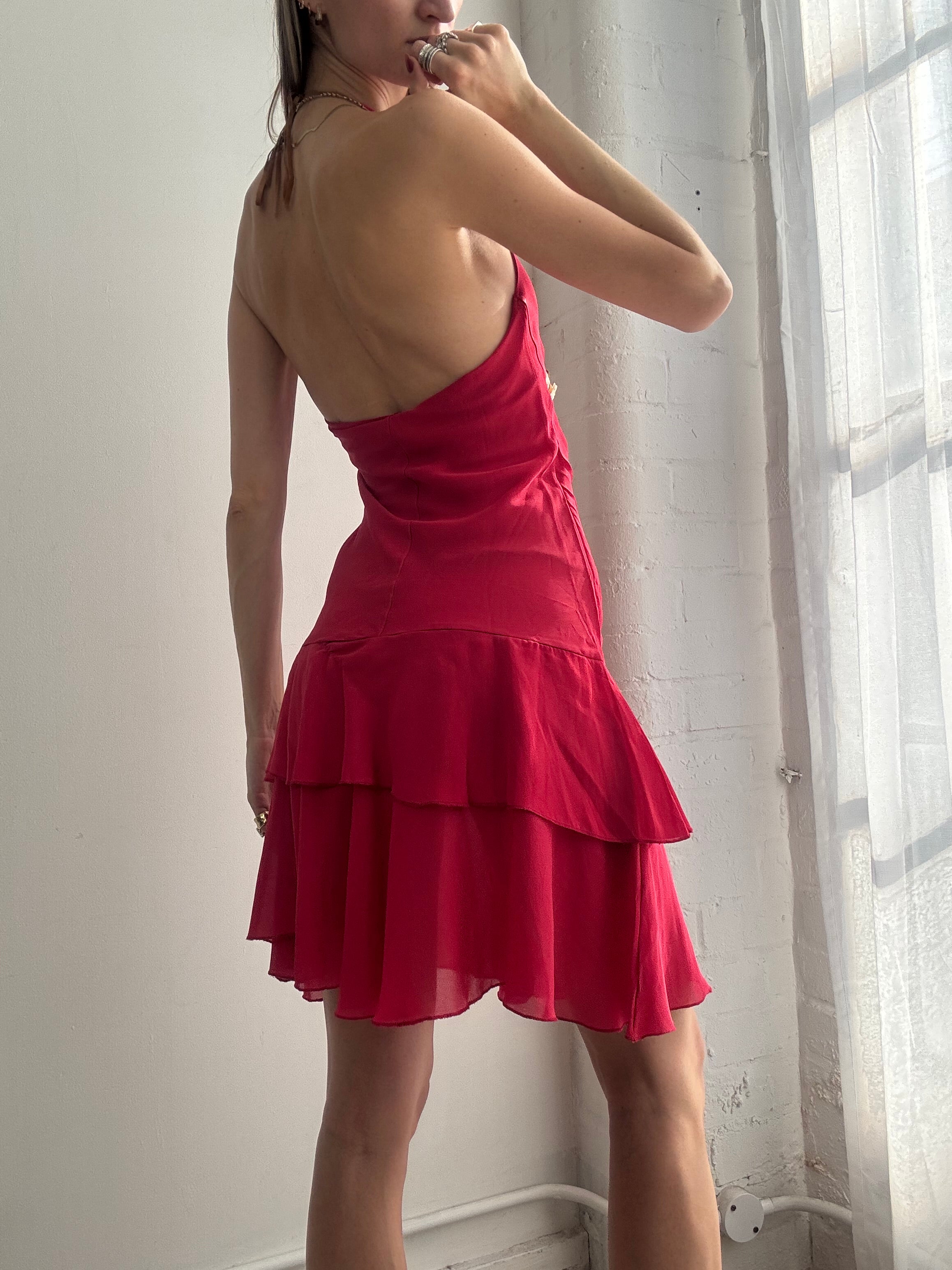 Vintage Y2k Halter Neck Mesh Ruffle Midi Dress Red