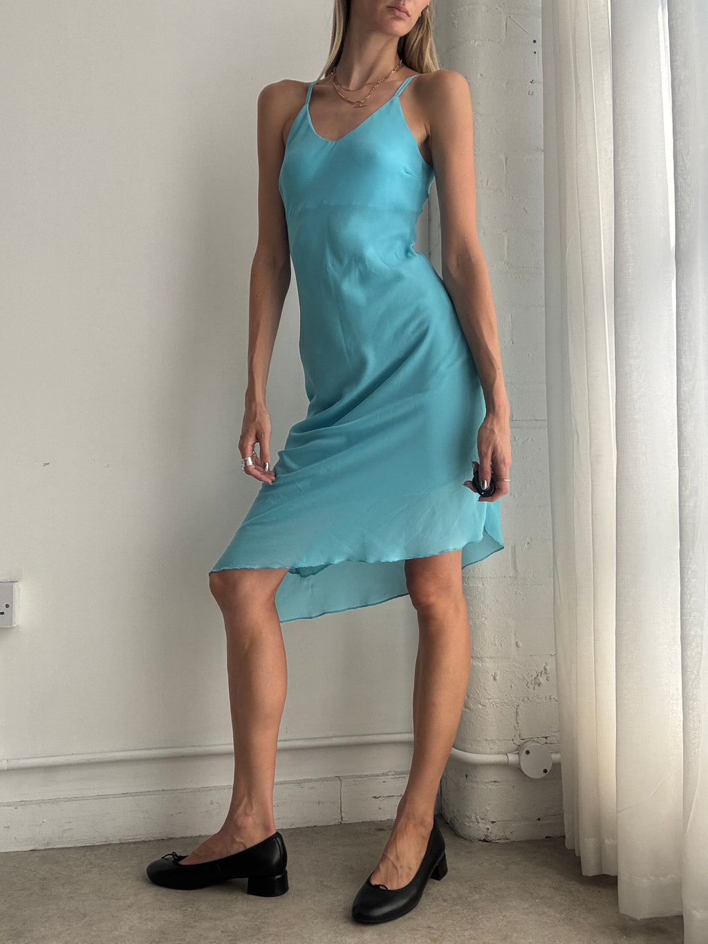 Vintage Y2K Turquoise Bias Cut Slip Dress – Asymmetric Hem Midi Dress - Size XS