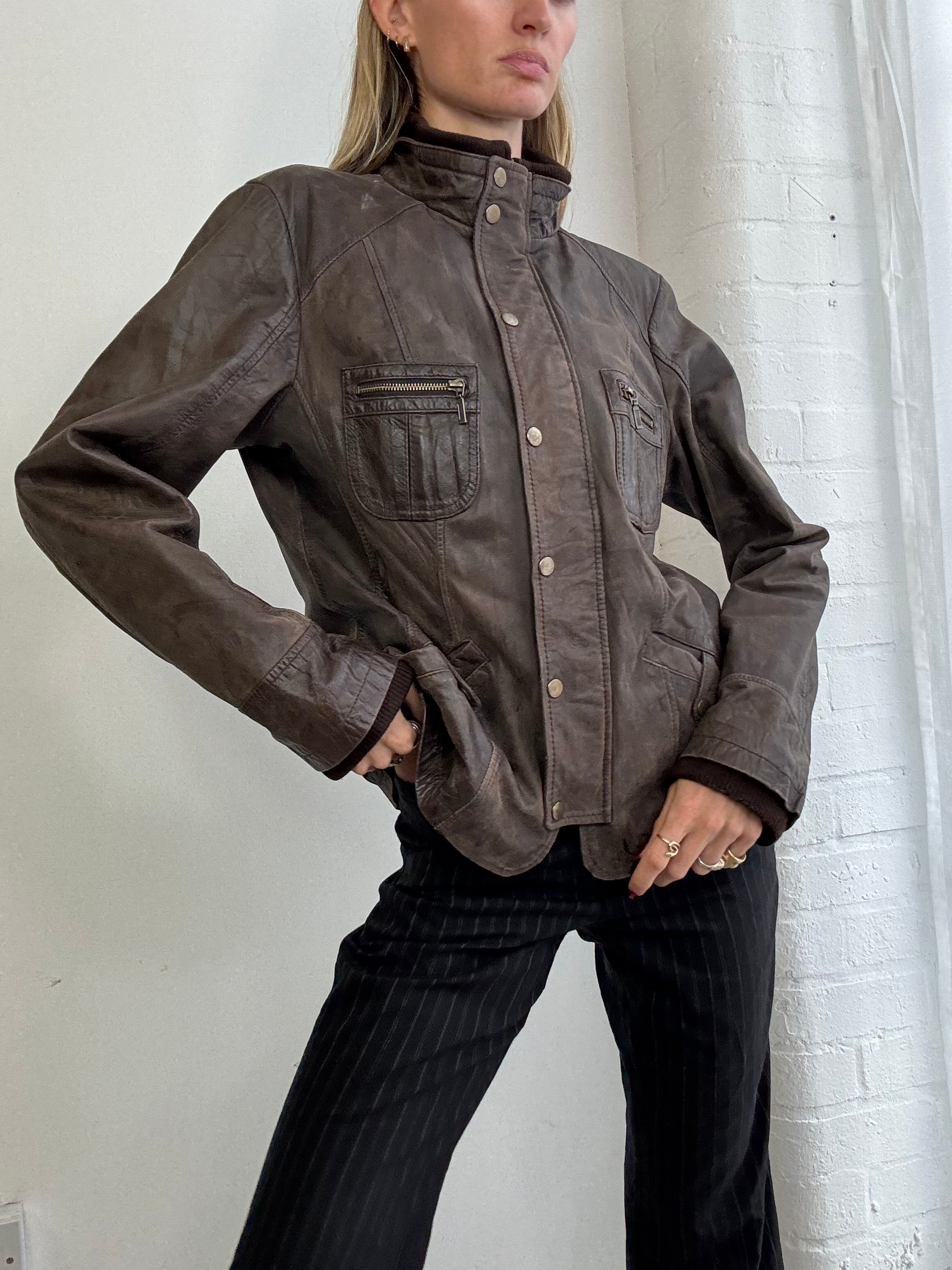 Vintage Y2K brown leather biker jacket