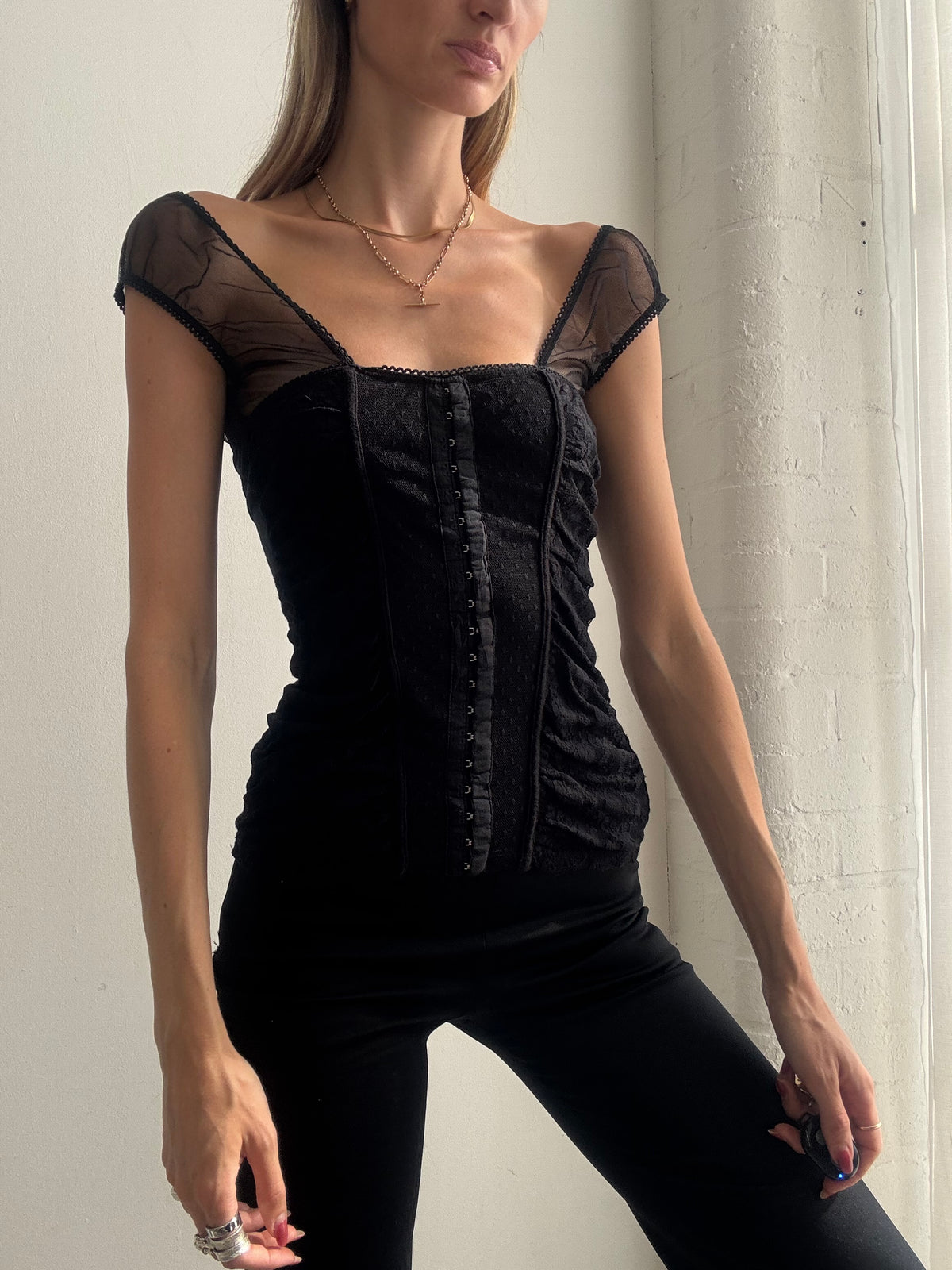 Vintage Y2K Black Mesh Corset Top - Size XS