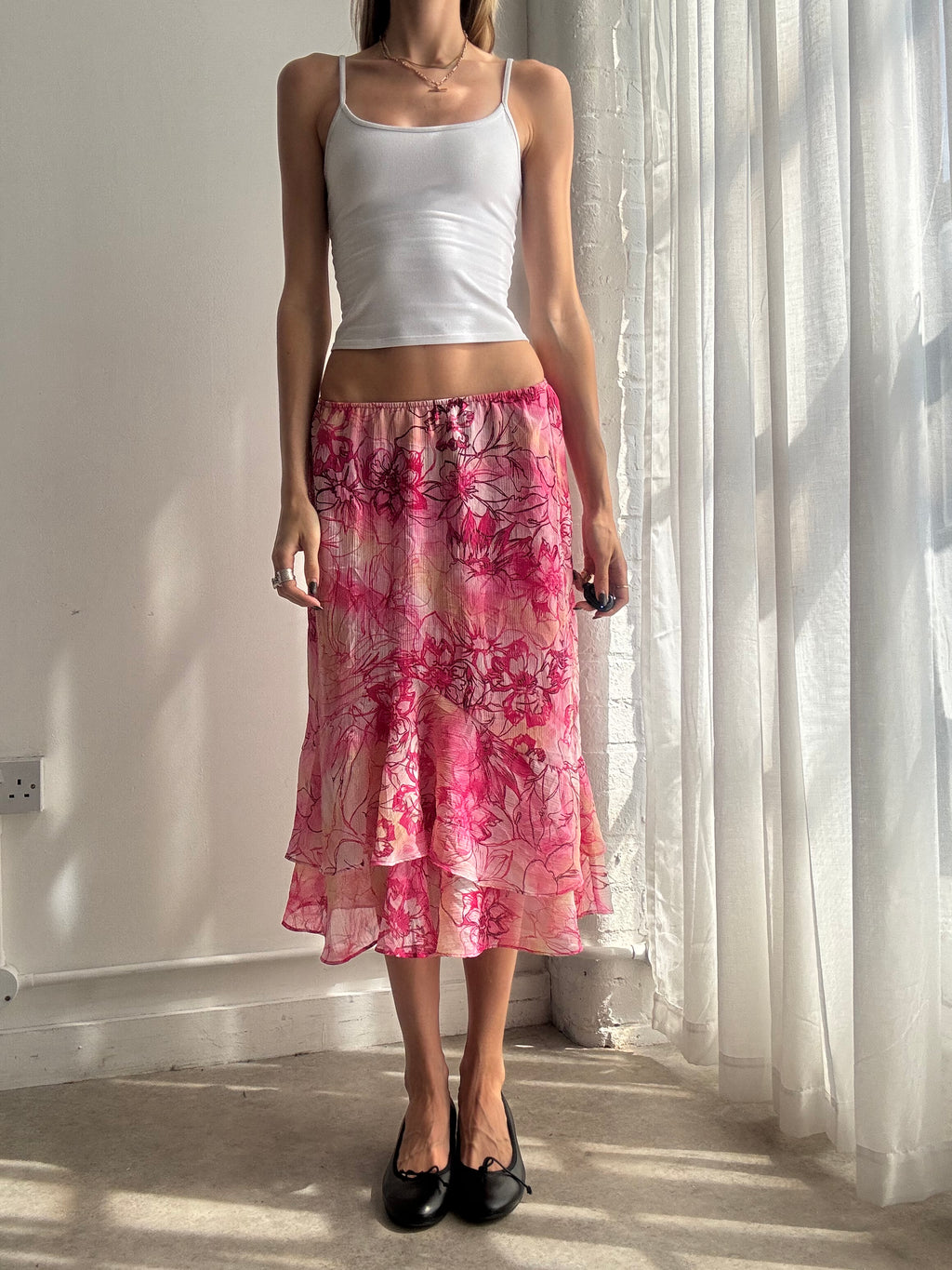 Vintage y2k pink floral mesh midi skirt - Size S