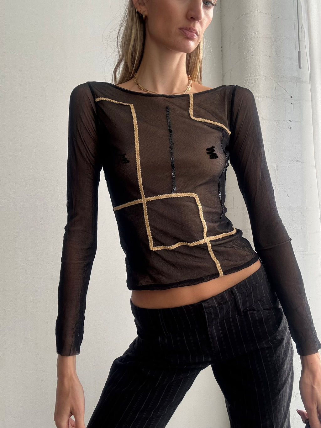 Vintage Y2K sheer mesh long sleeve top black sequin