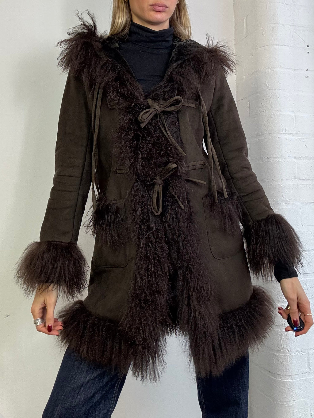 Vintage Y2K hooded Mongolian fur trim coat