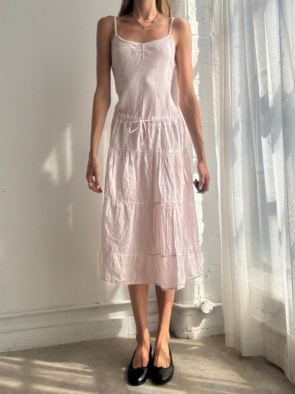 Vintage Y2K Baby Pink Beaded Cotton Midi Dress - Size M
