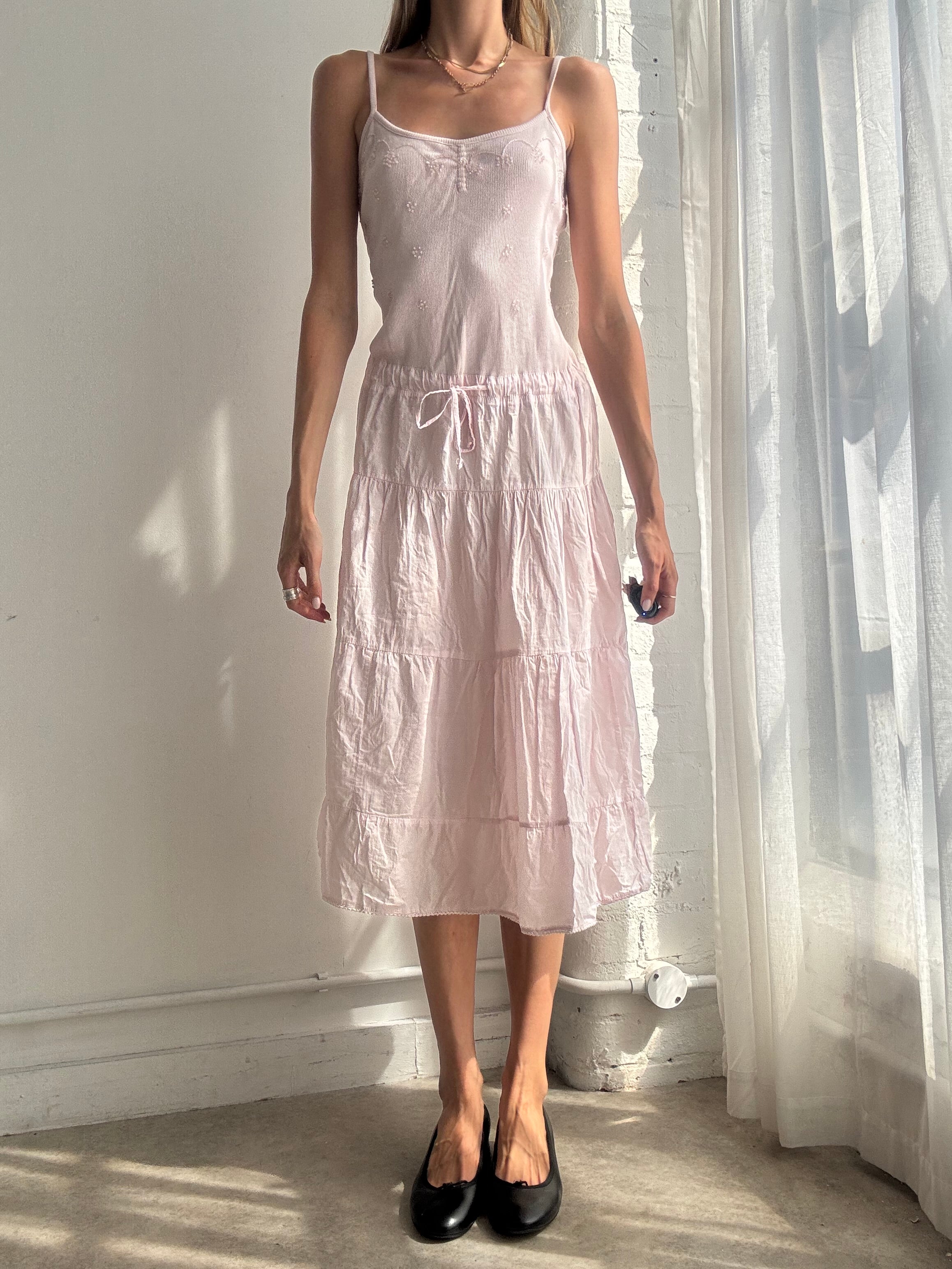 Vintage Y2K Baby Pink Beaded Cotton Midi Dress - Size M