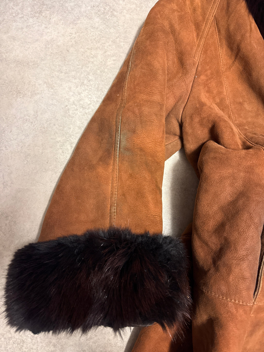 Vintage 90s brown sheepskin suede & fox fur trim coat