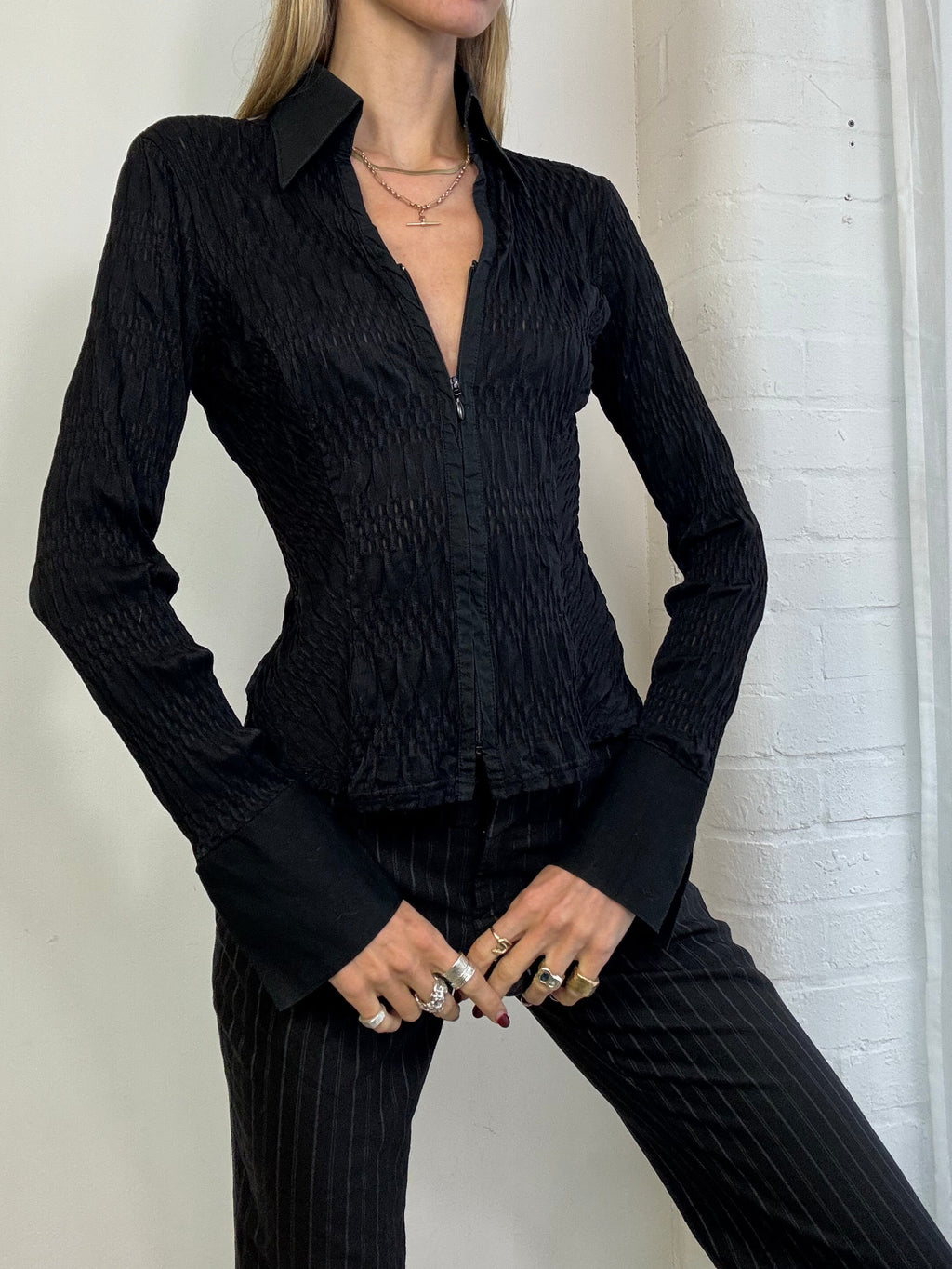 Vintage Y2K zip up black pinstripe shirt