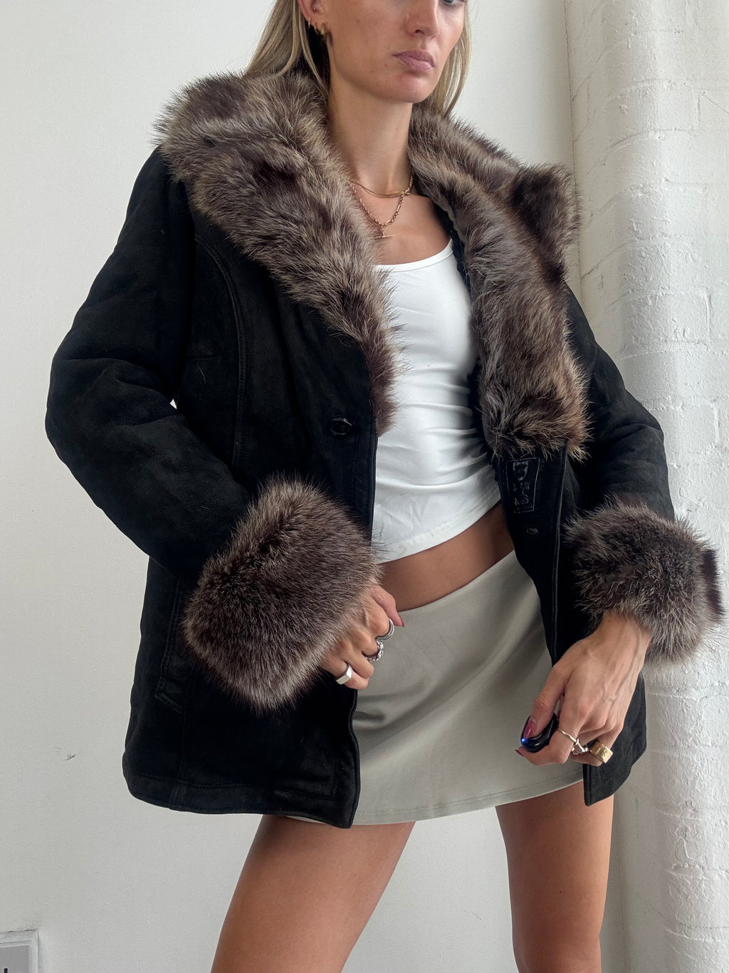 Vintage 90's Black Suede Fur Trim Afghan Jacket - Size S/M