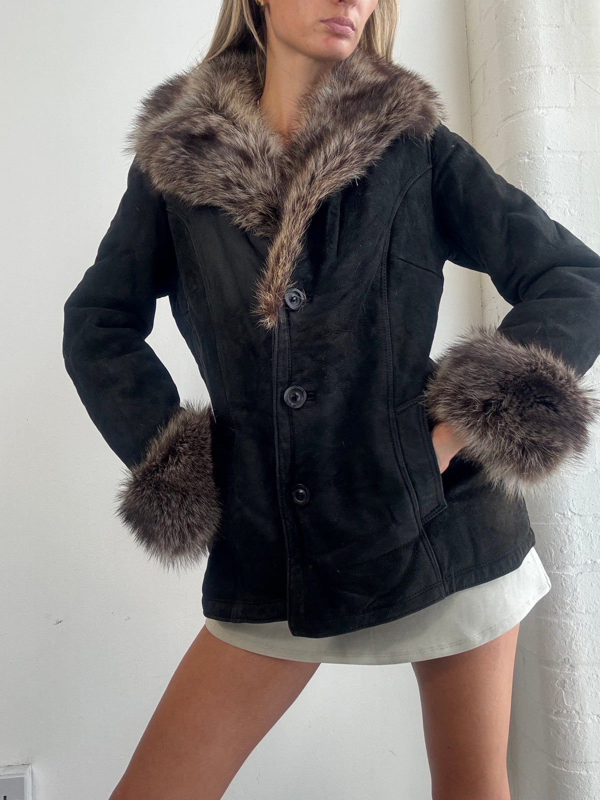 Vintage 90's Black Suede Fur Trim Afghan Jacket - Size S/M