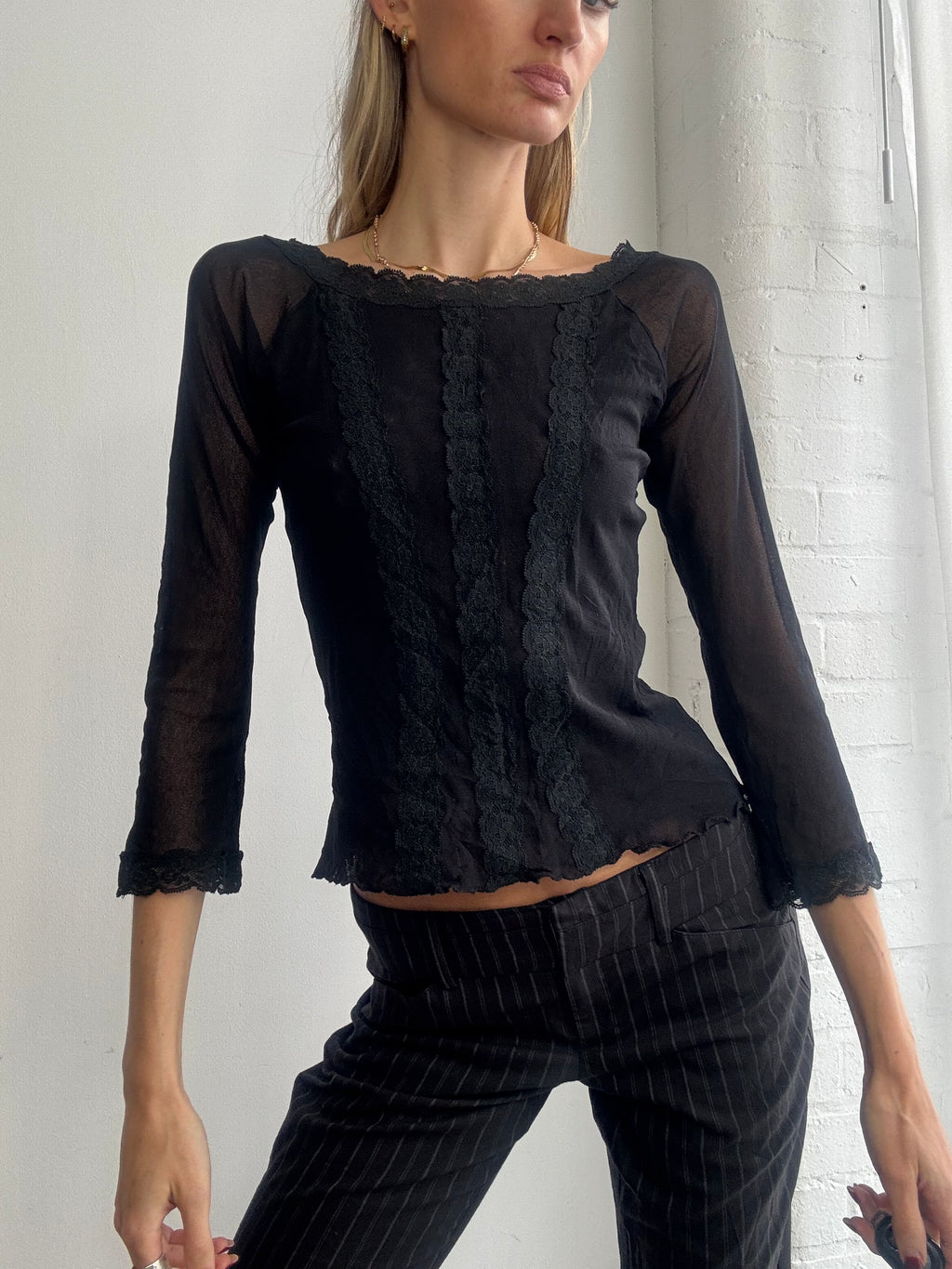 Vintage Y2K sheer black mesh and lace top