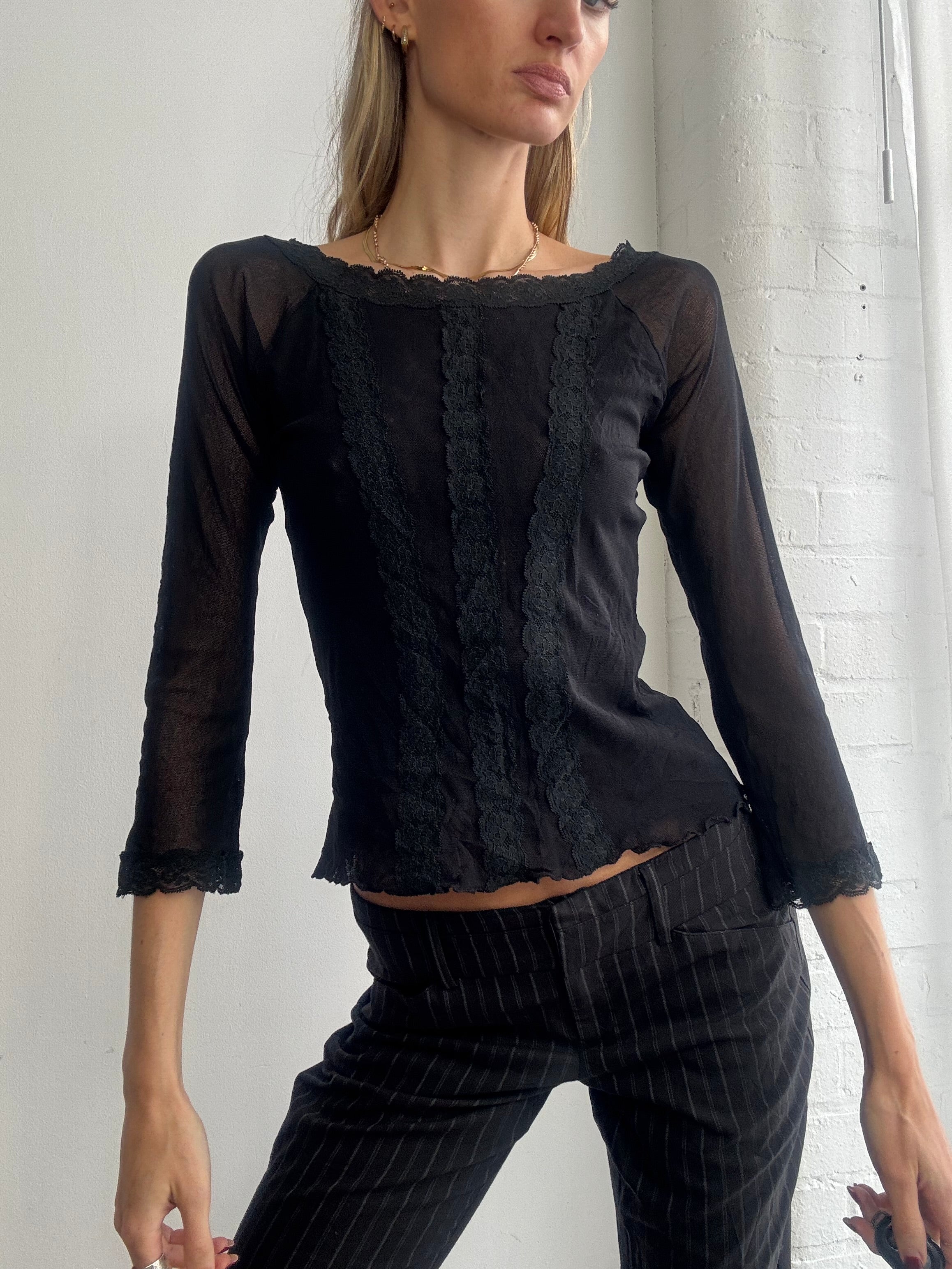 Vintage Y2K sheer black mesh and lace top