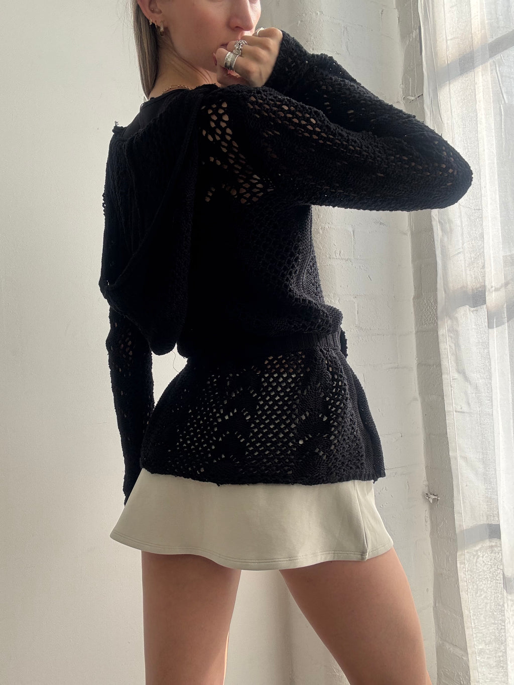 Vintage Y2k Crochet Knit Hooded Jumper Black Belted