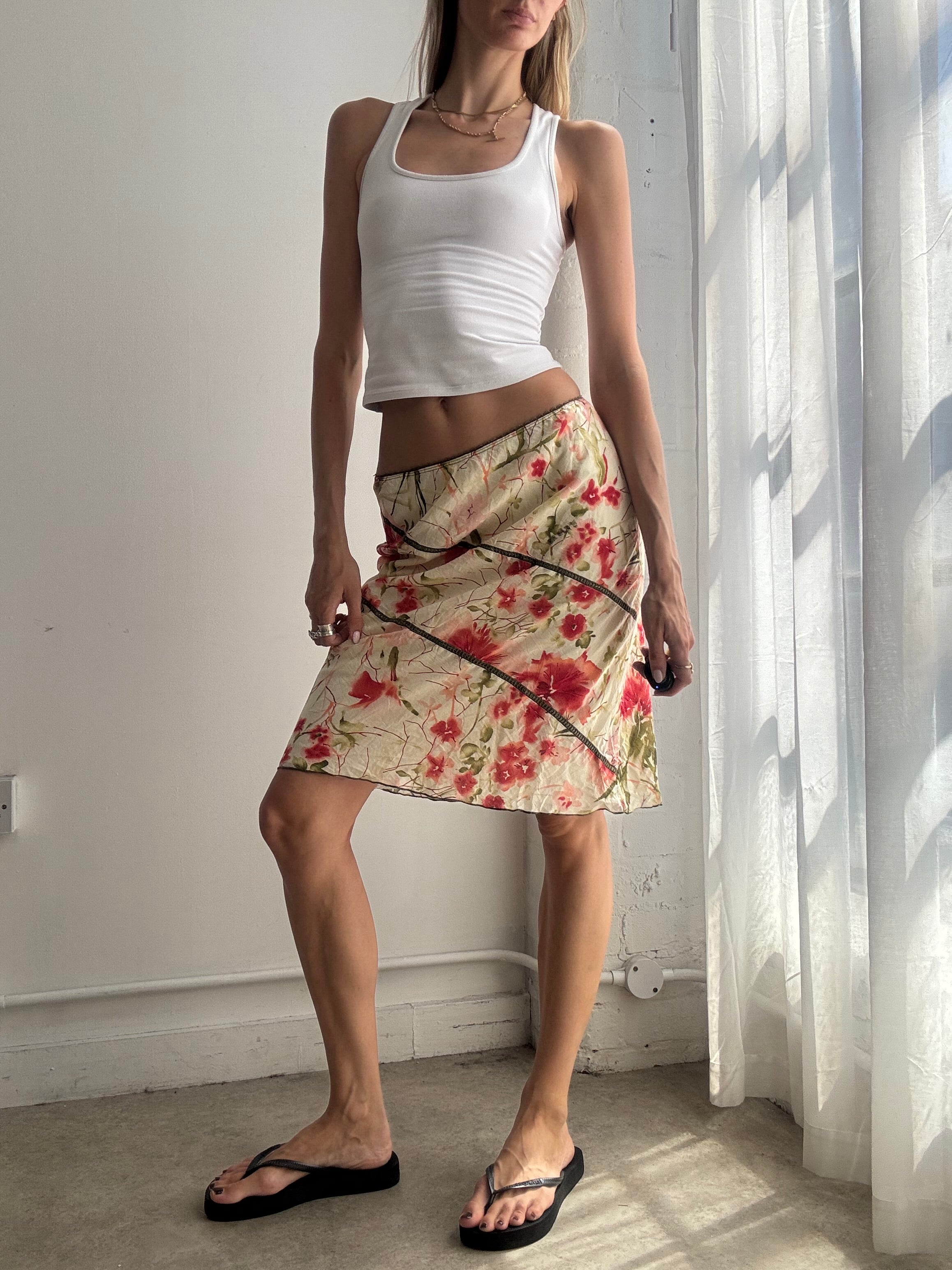 Vintage Cream Cotton Floral Midi Skirt Y2K - Size XS