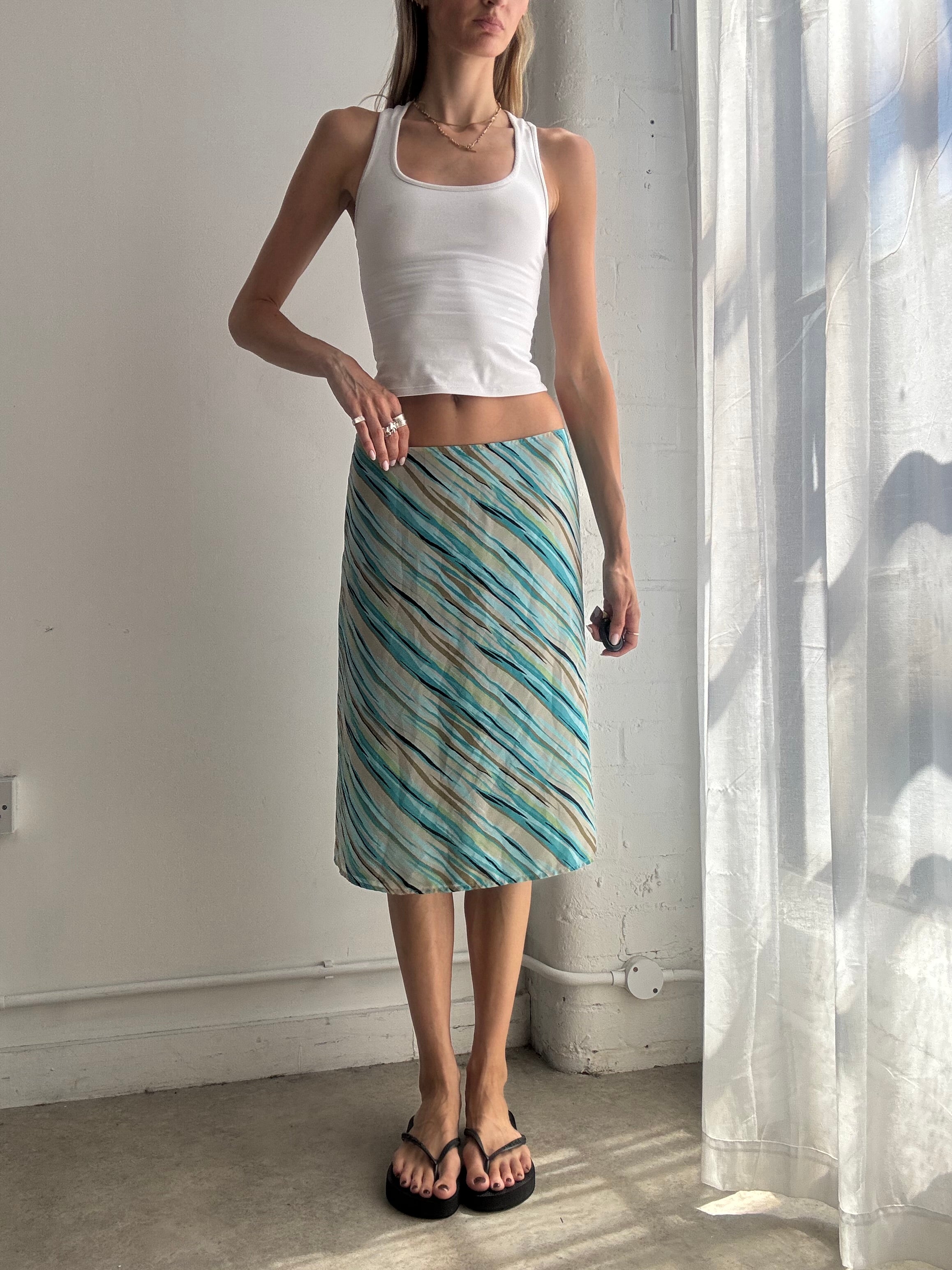 Vintage Turquoise Printed Stripe Midi Skirt Y2K - Size M