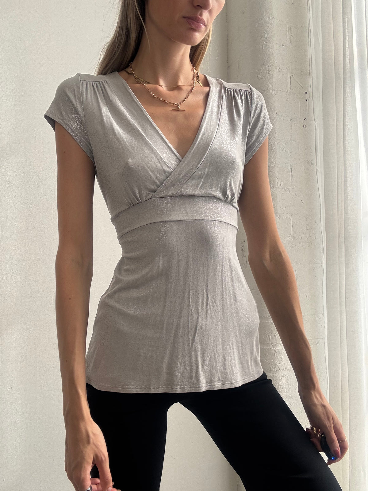 Vintage Y2K Silver Grey Empire Waist Wrap Top - Size S