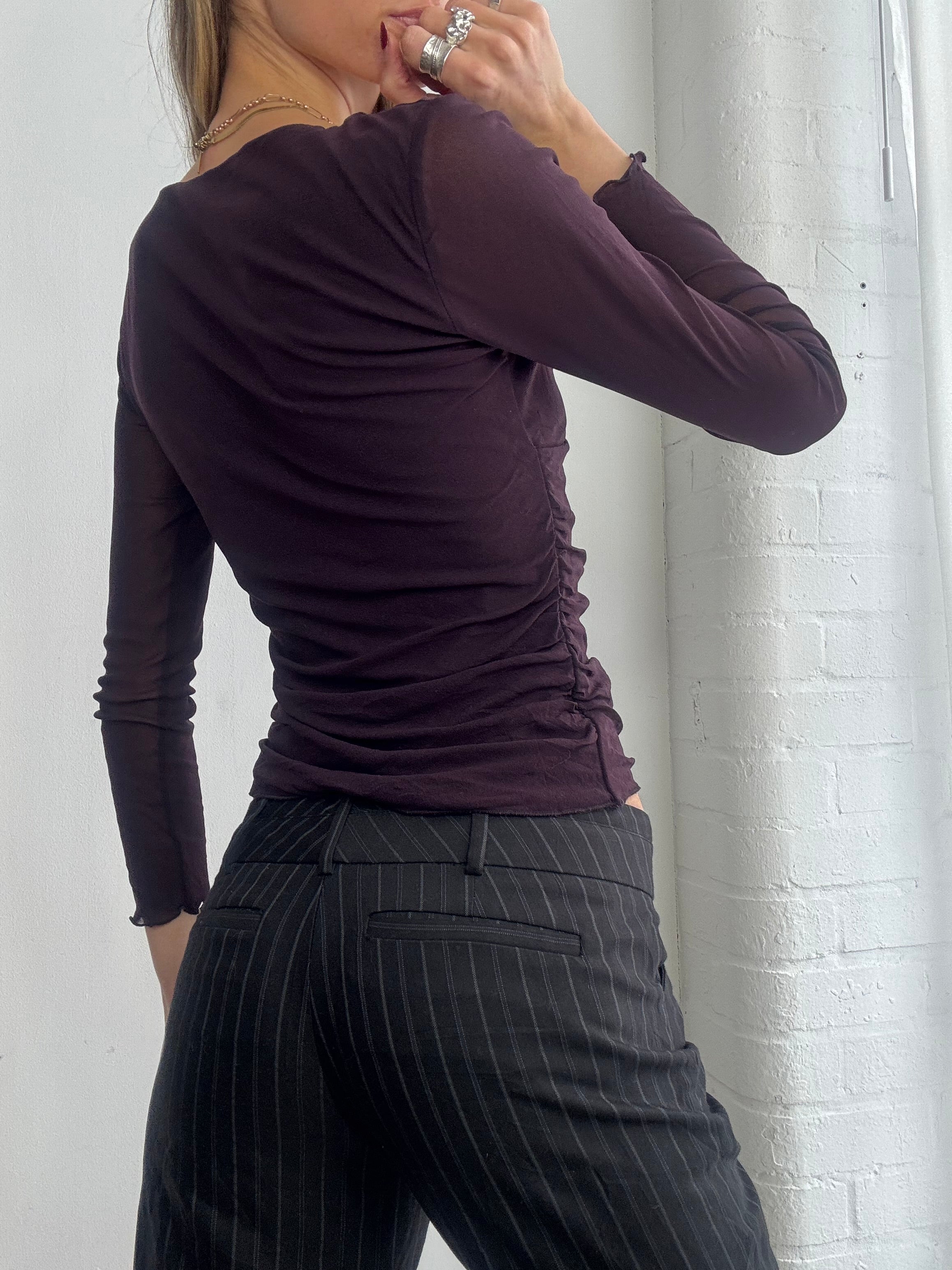 Vintage Y2K plum v neck mesh wrap top
