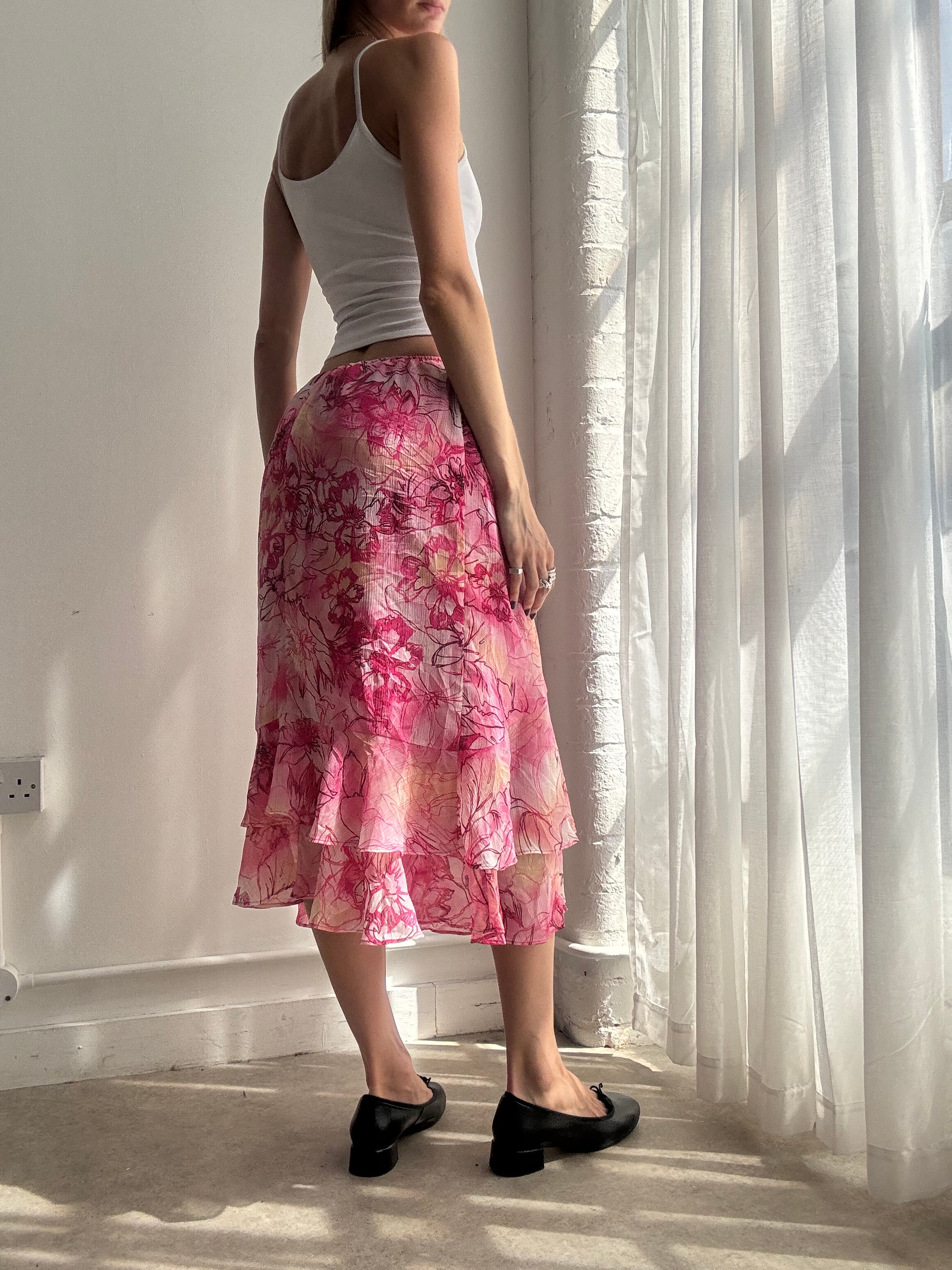 Vintage y2k pink floral mesh midi skirt - Size S