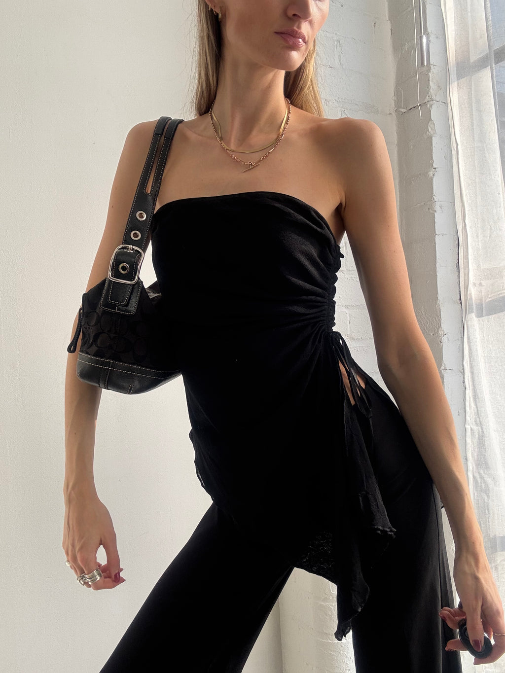 Vintage Y2k Strapless Mesh Asymmetric Top Black
