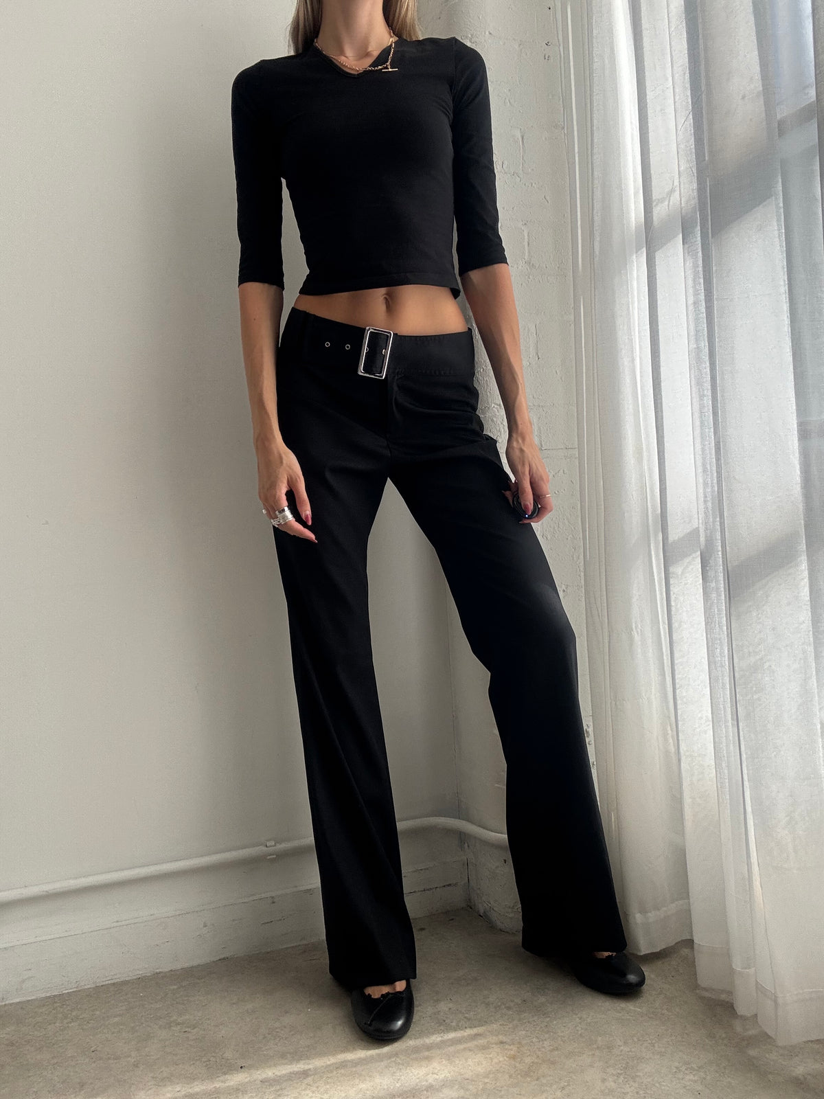 Vintage Y2K Black Low Rise Buckle Flared Trousers - Size M