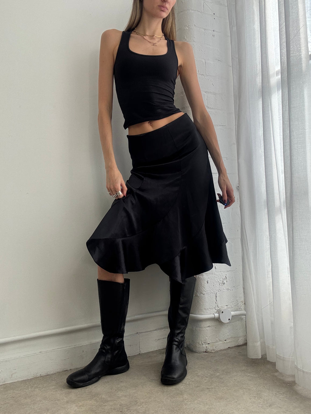 Vintage Y2K black satin ruffle midi skirt