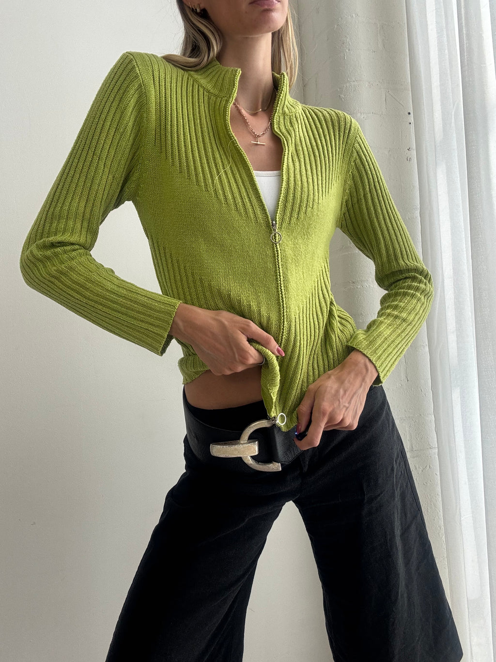 Vintage Y2K Lime Green Ribbed Knit Cardigan - Size S/M