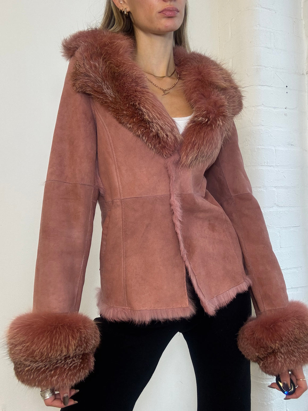 Vintage Y2K Morgan De Toi Dusty Pink Suede Fox Fur Trim Jacket - Size S