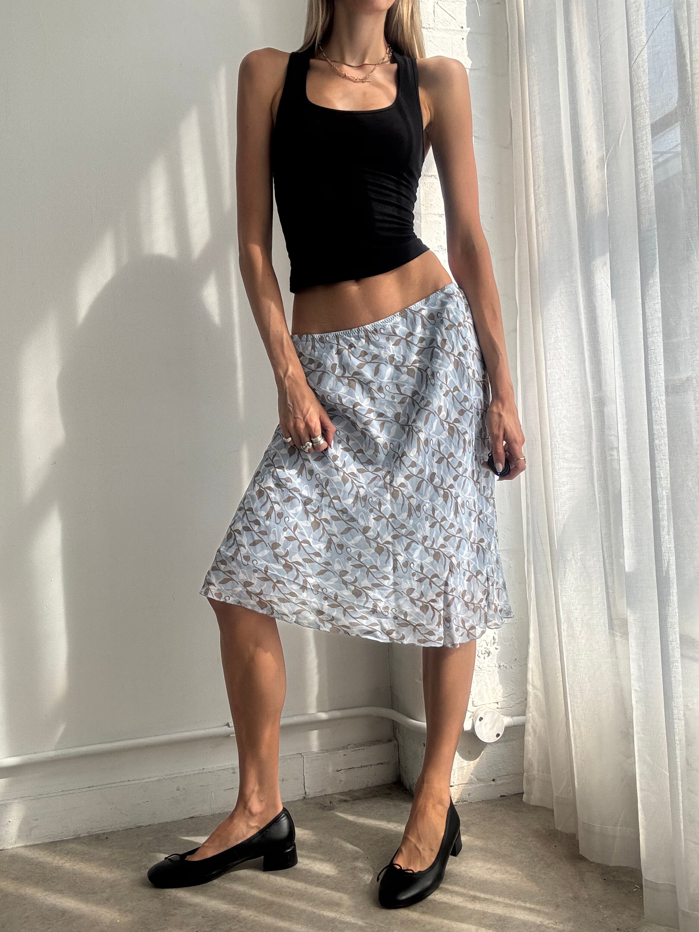 Vintage Y2K Blue Floral Bias Cut Mesh Midi Skirt - Size M/L