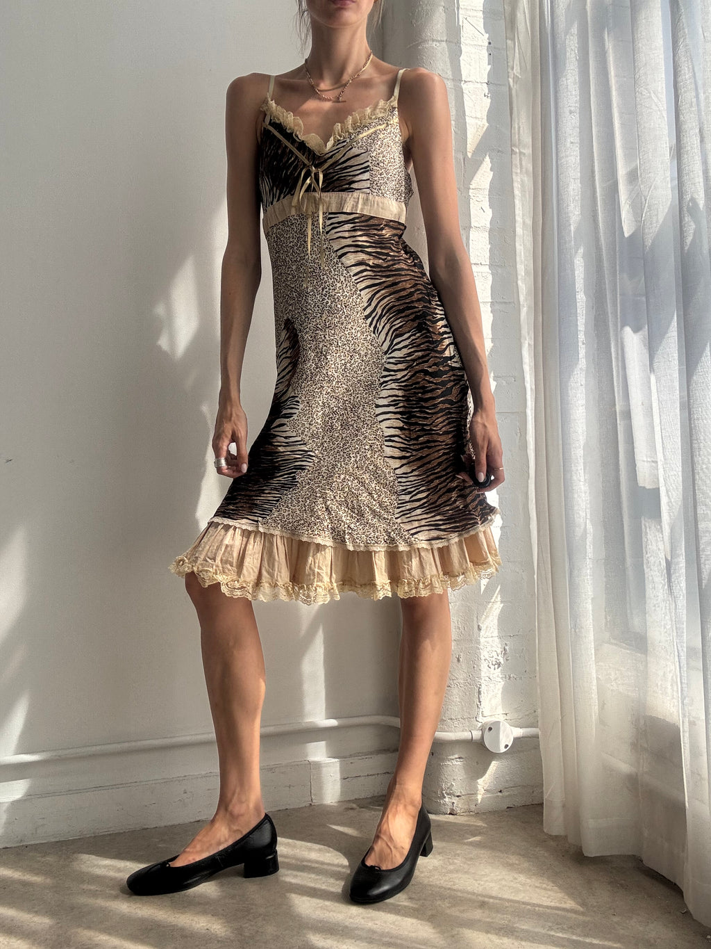 Vintage Y2K Animal Print Ruffle Slip Dress - Size S/M