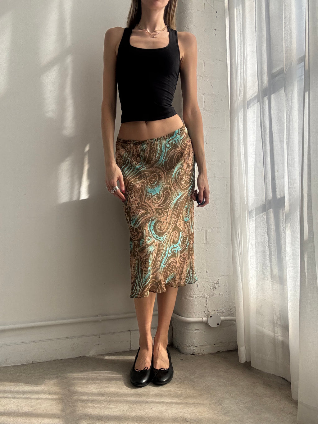 Vintage Y2K paisley print mesh midi skirt brown turquoise boho
