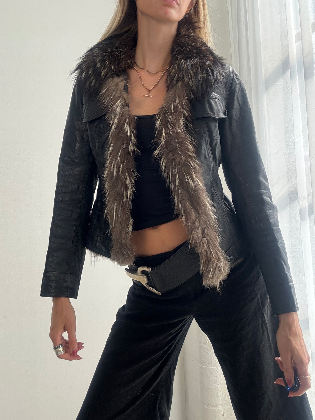Vintage Y2K Black Leather Fox Fur Trim Afghan Jacket - Size XS