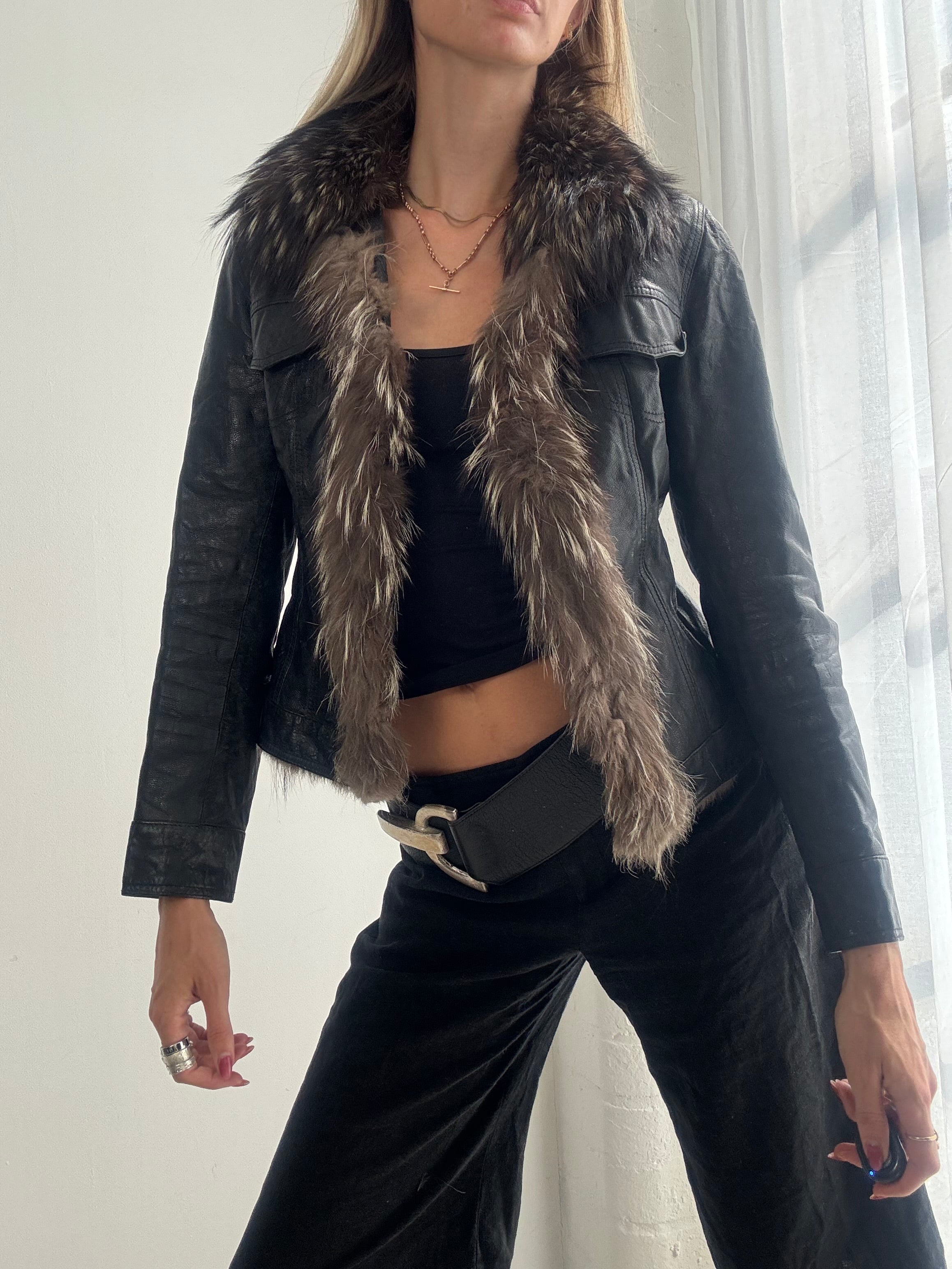 Vintage Y2K Black Leather Fox Fur Trim Afghan Jacket - Size XS