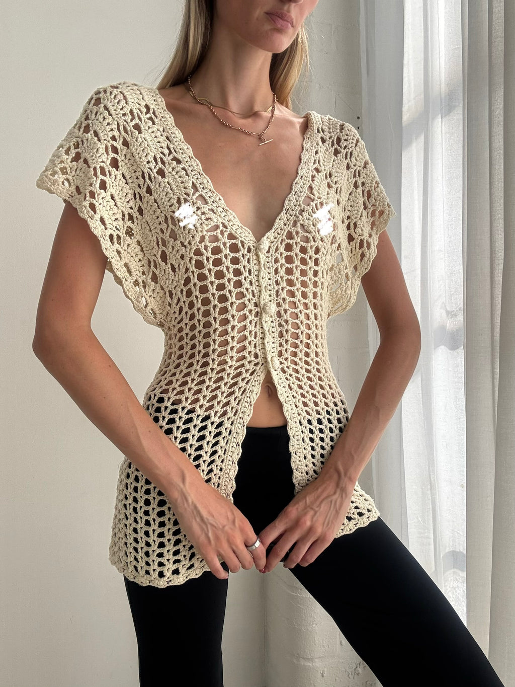 Vintage 90s Cream Crochet Button Up Top - Size S